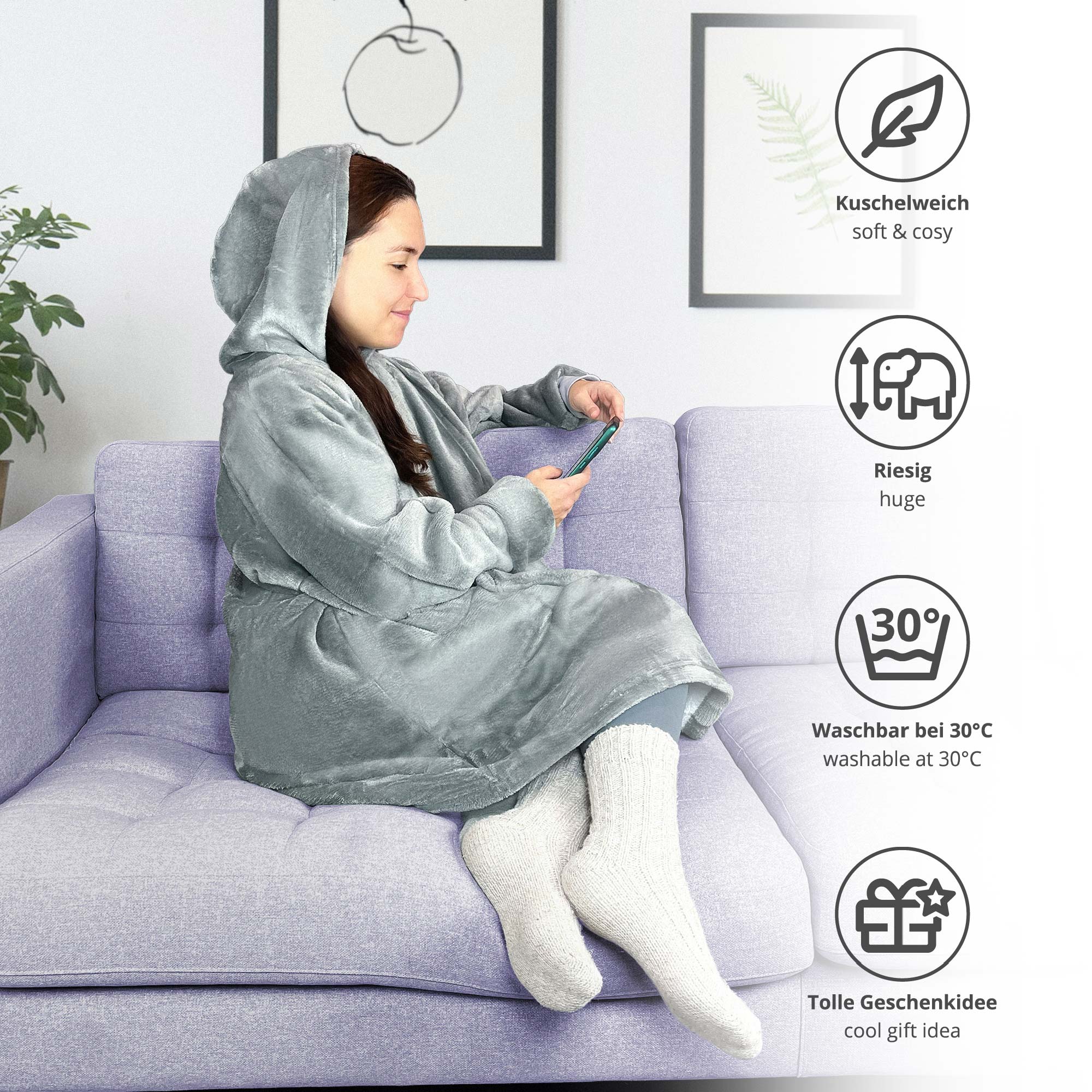 Riesen Kuschel Hoodie mit Tasche - Grau