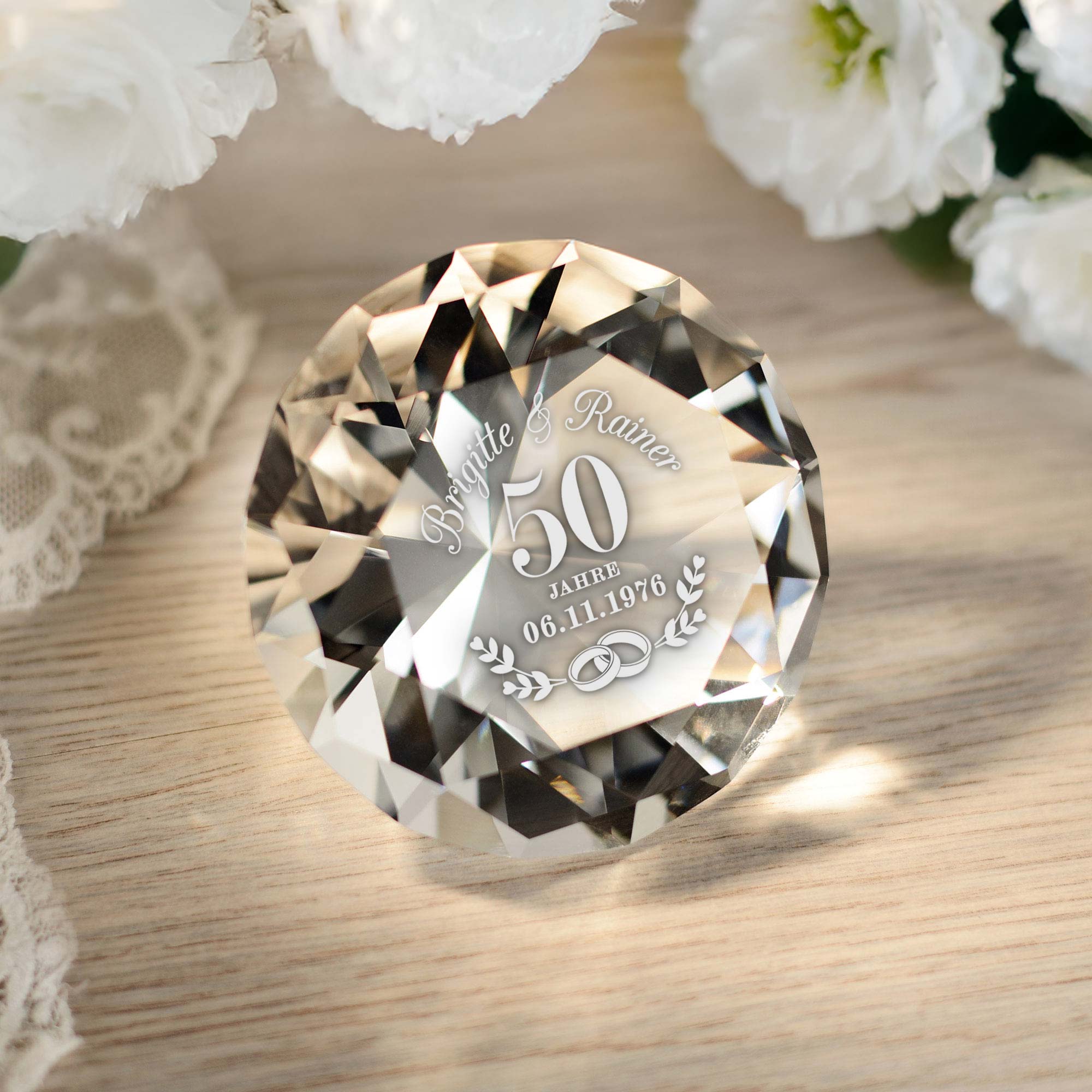 Diamant Kristall mit Gravur - Goldhochzeit