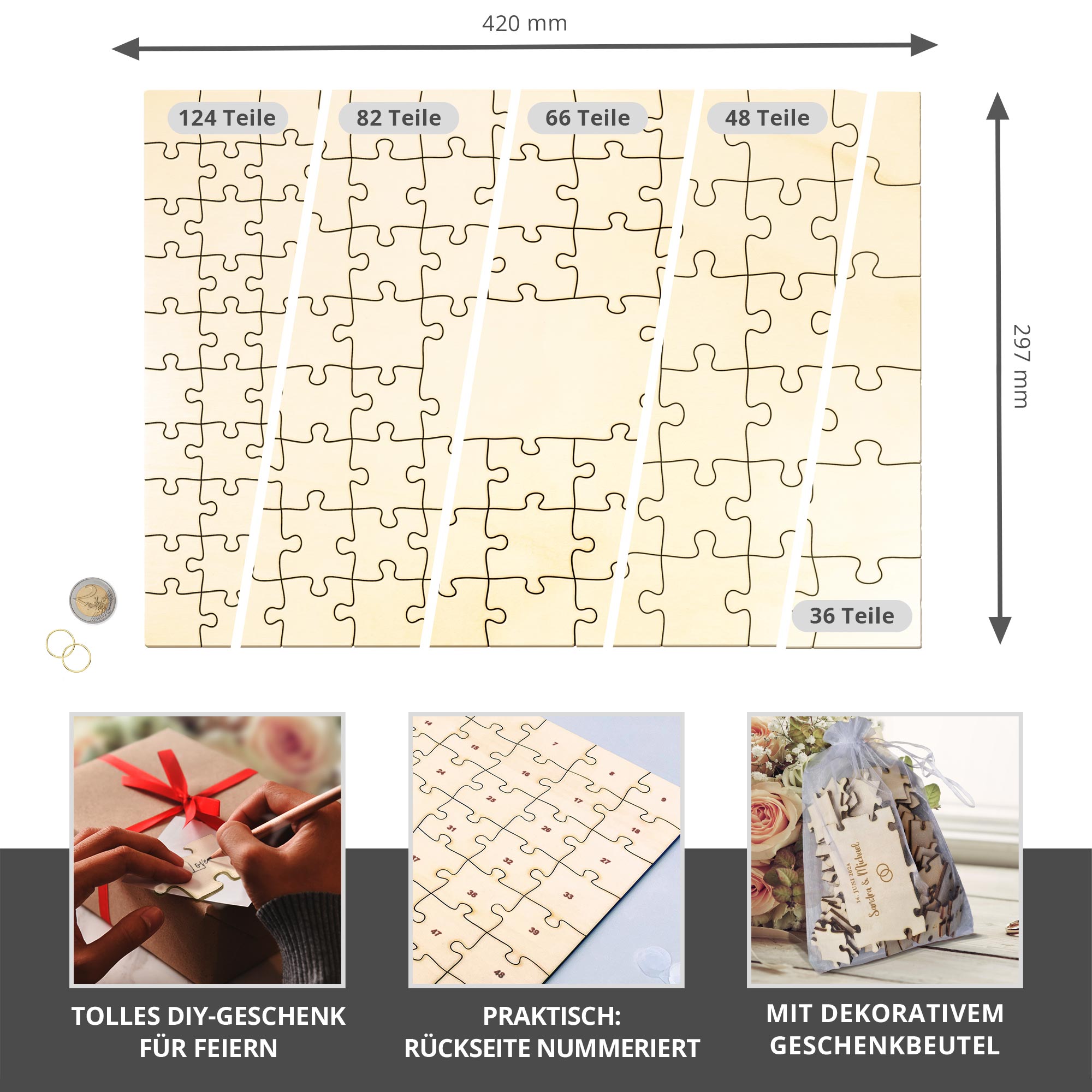 Gästebuch Puzzle - A3 - Hochzeit - Ringe - Personalisiert