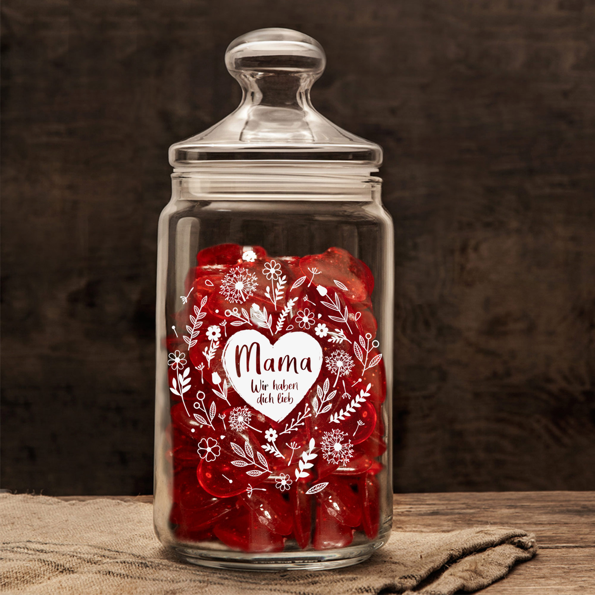 Bonboniere als Muttertagsgeschenk, Vorratsglas mit Blumenherz Motiv, Aufbewahrungsglas mit luftdichtem Verschluss, Süßigkeiten Glas mit Gravur