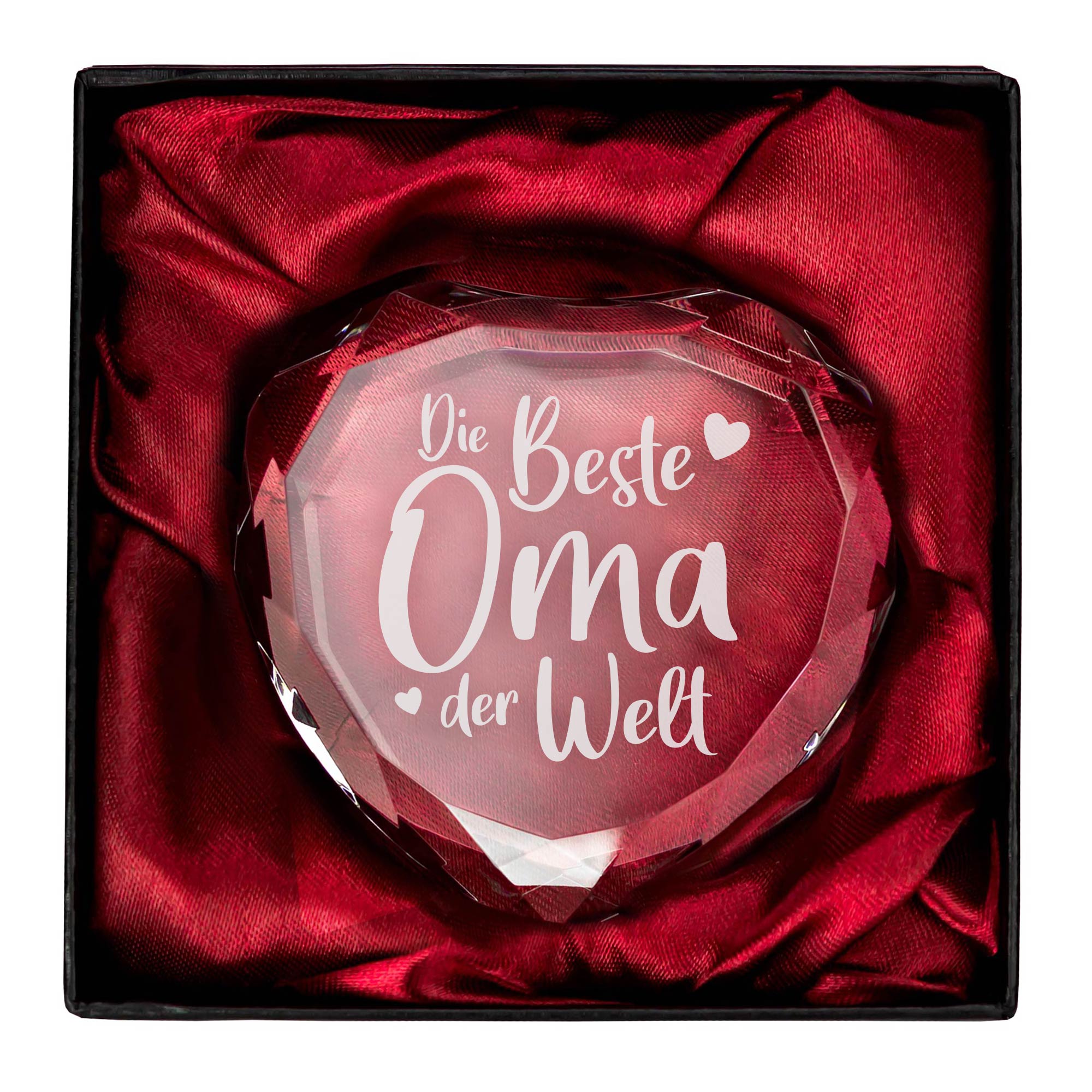 Glasdiamant Briefbeschwerer als Geschenk für Oma, Glasherz Dekoration mit Gravur, Glas Kristall mit graviertem Schriftzug, Herz Diamant Glasdeko
