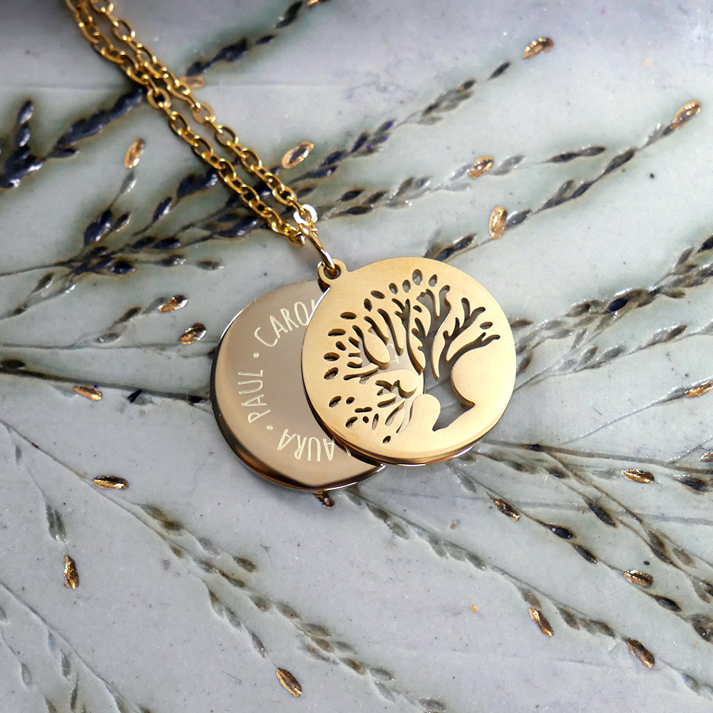 Kette mit Anhänger Lebensbaum - Kreis aus Namen - Gold