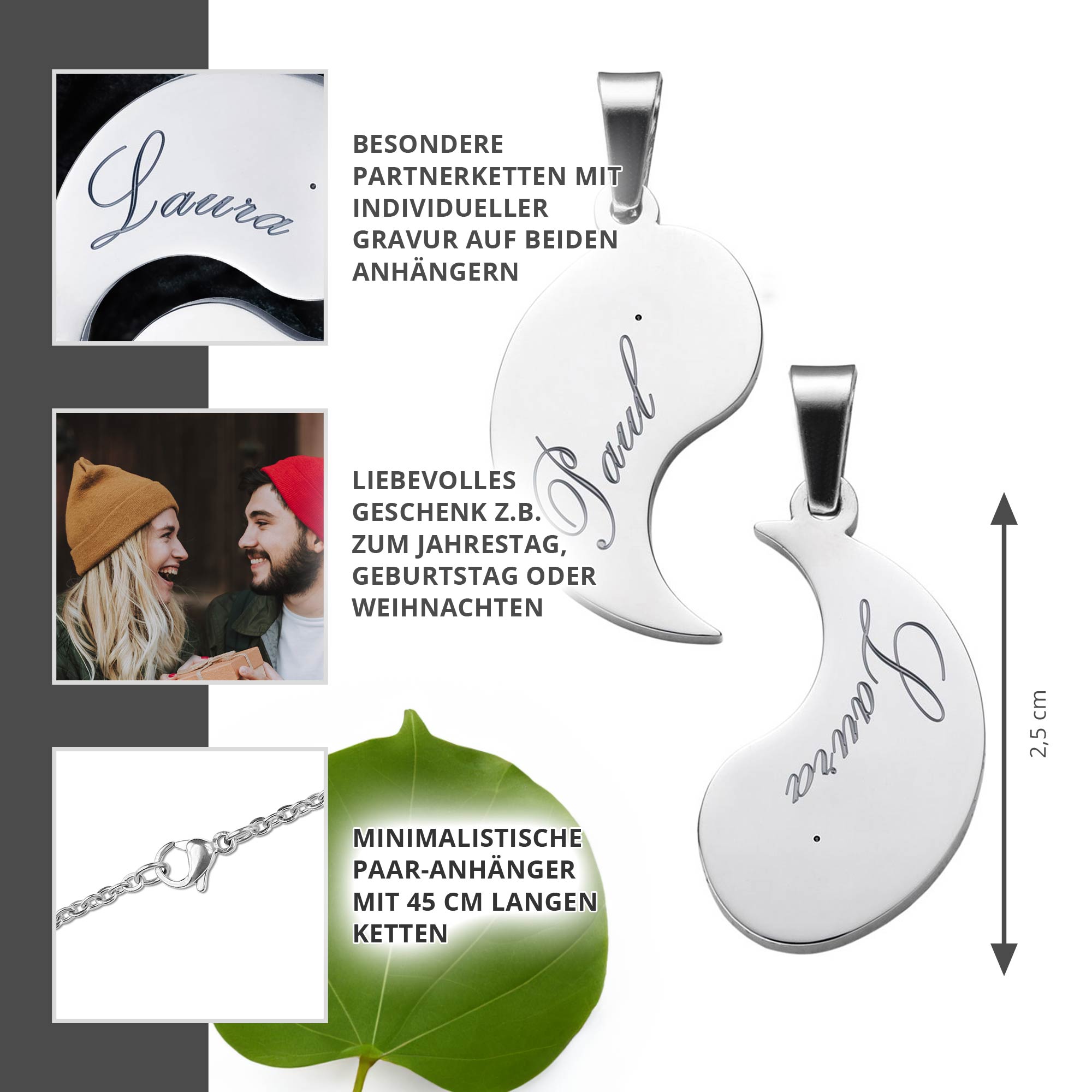 Partner Halskette mit Namensgravur - Yin und Yang