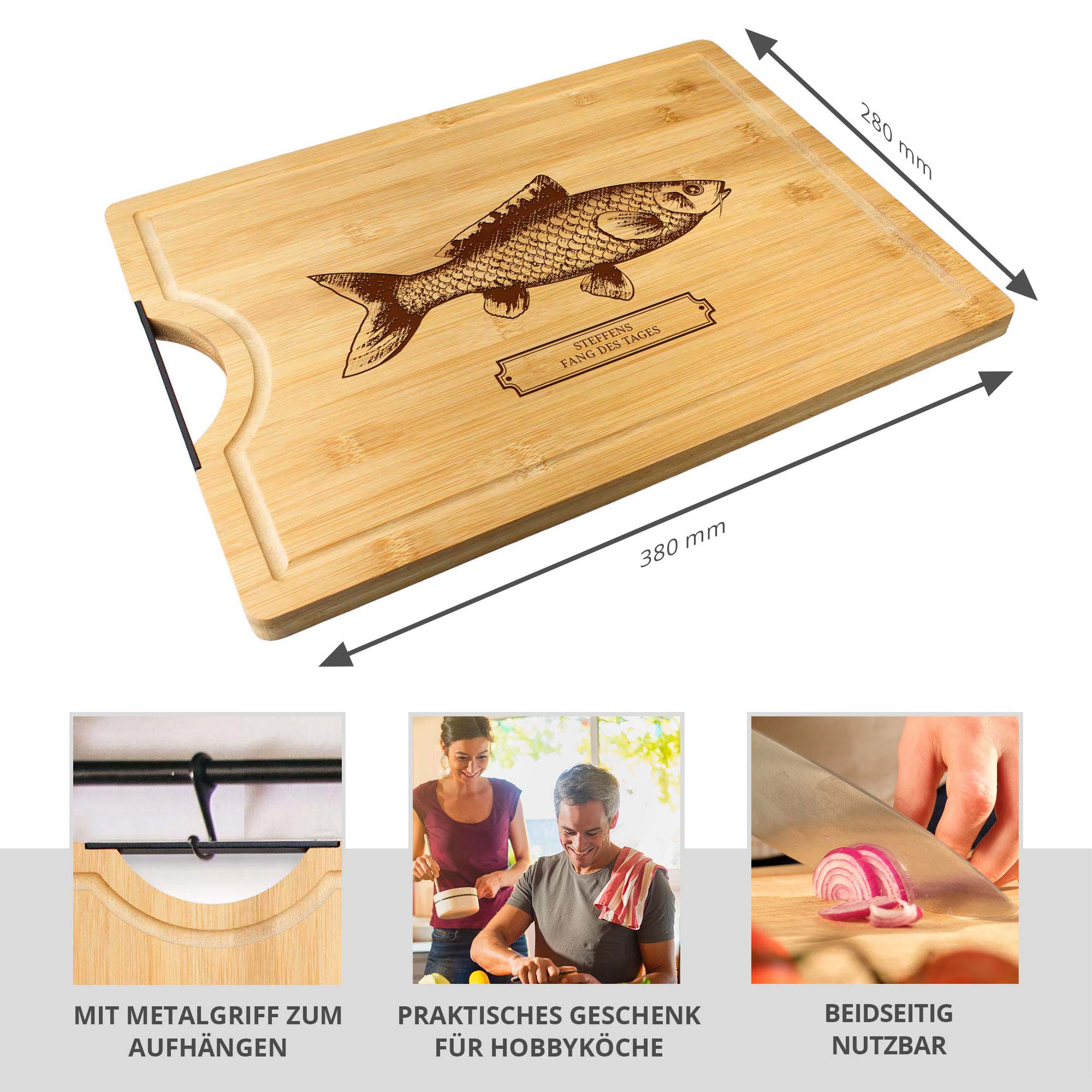 Bambusholz Schneidebrett - Fisch Gravur - Name