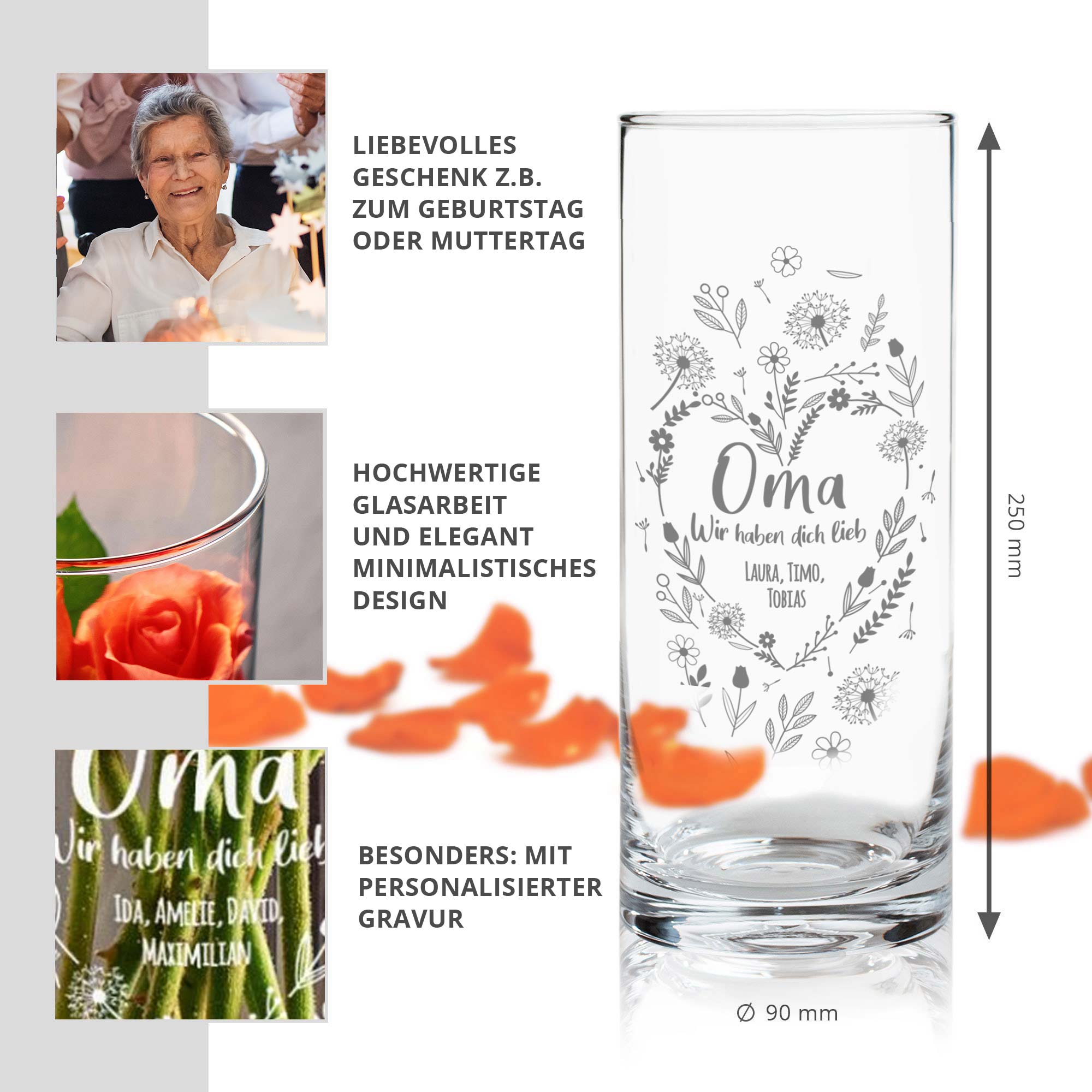 Runde Vase mit Blumenherz Gravur - personalisiert für Oma
