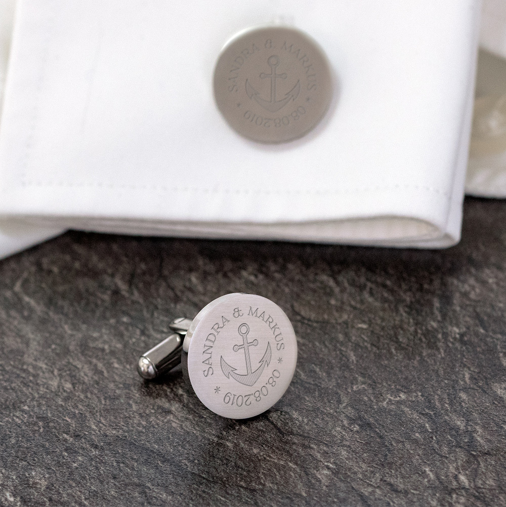 Runde Manschettenknöpfe mit Gravur zur Hochzeit - Anker - personalisiert