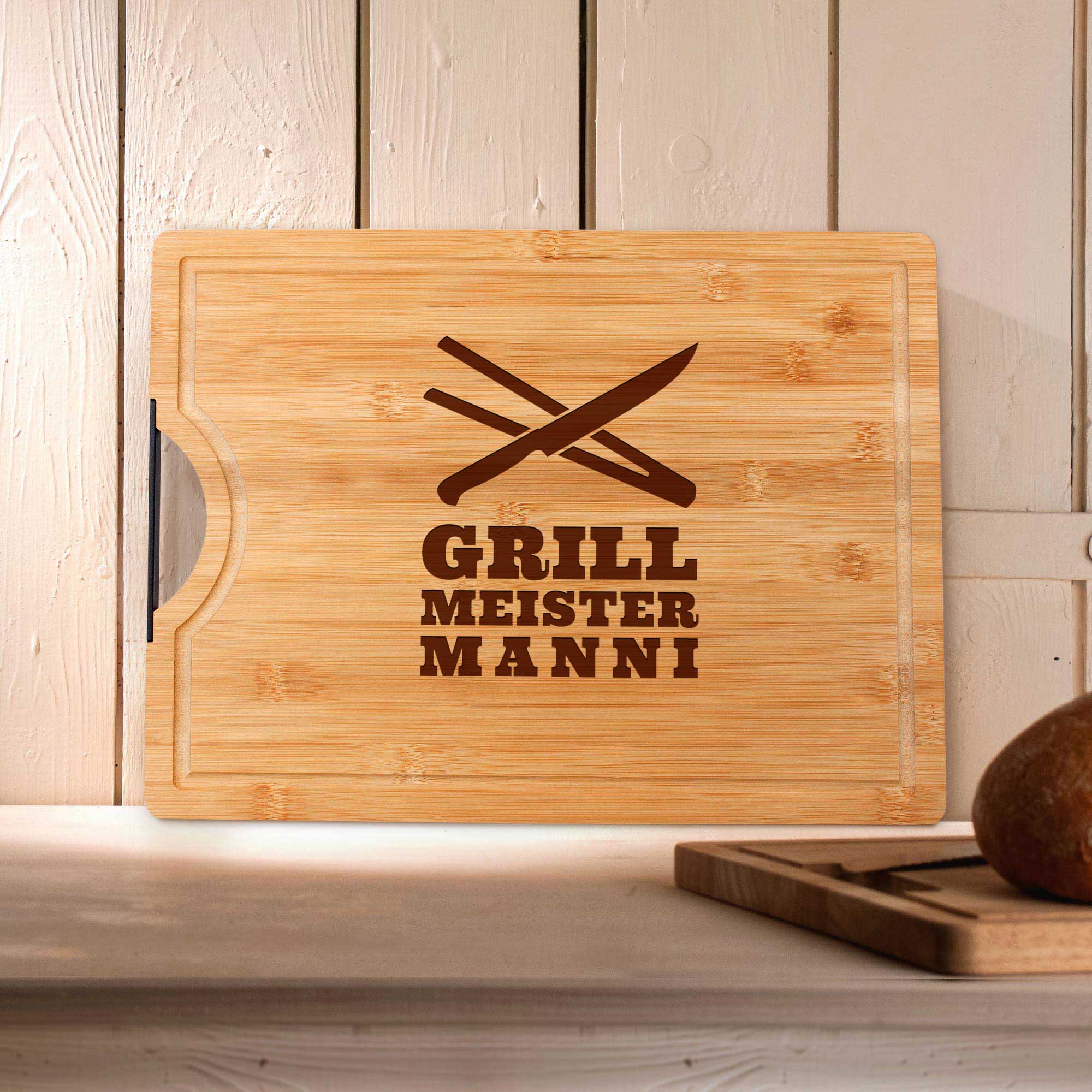 Bambusholz Schneidebrett mit Gravur Grillmeister - Personalisiert