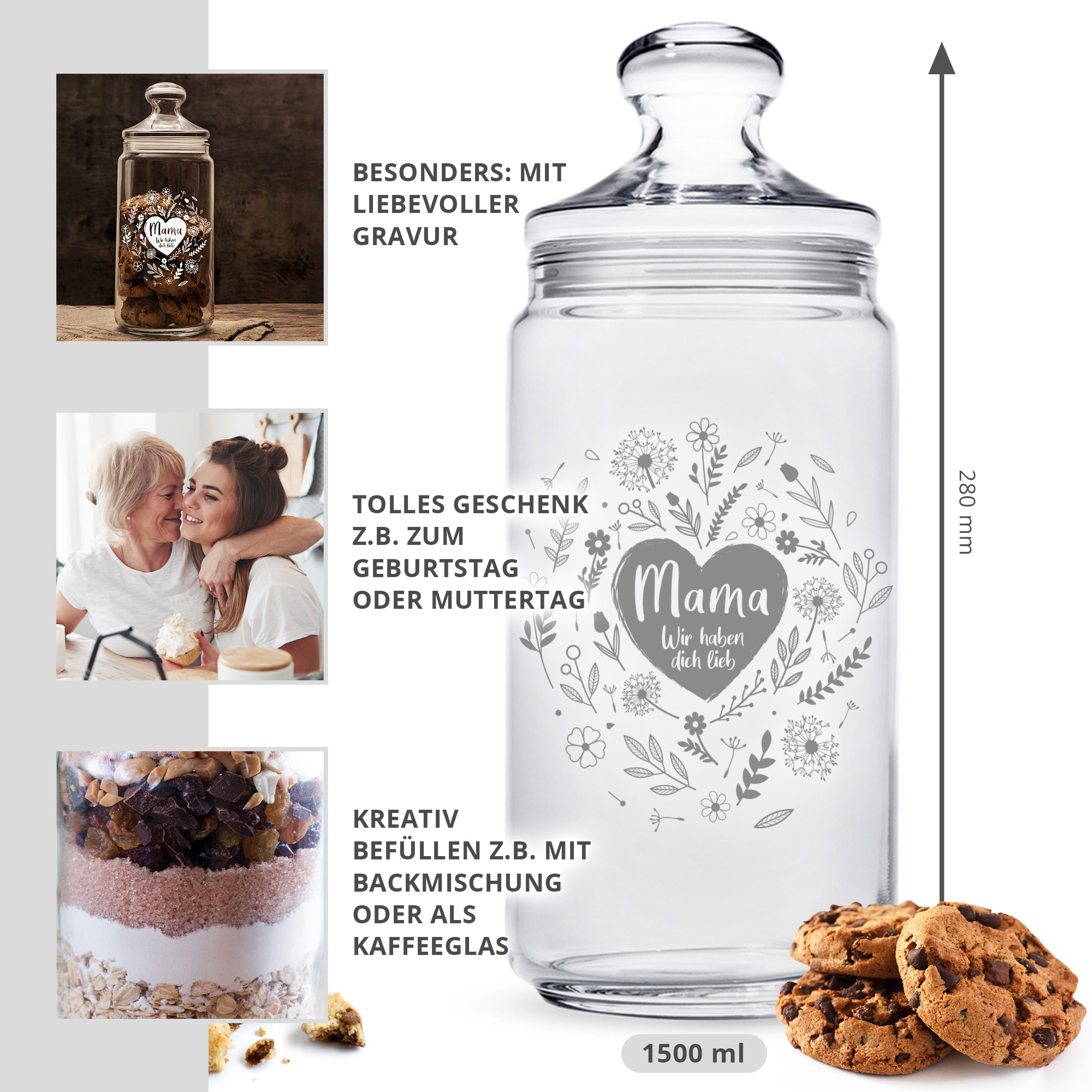 Keksdose mit Gravur für Mama, Vorratsglas mit Blumenherz Motiv, Süßigkeiten Glas mit luftdichtem Verschluss, Glasbehälter als Geschenk zum Muttert