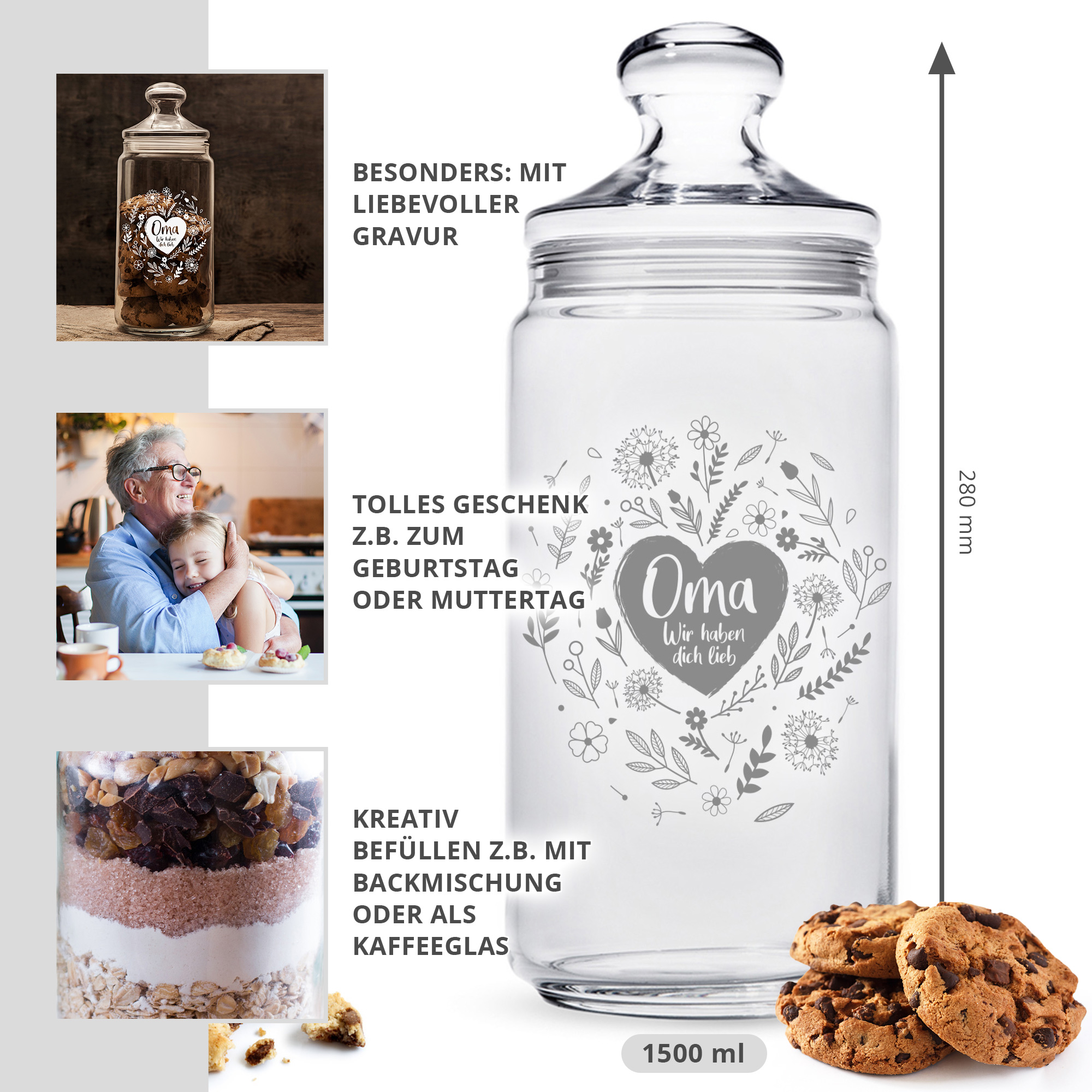 Vorratsglas mit Blumenherz Motiv, Glasbehälter mit Gravur für Oma, Keksdose als Geschenk für Oma, Aufbewahrungsglas mit luftdichtem Deckel