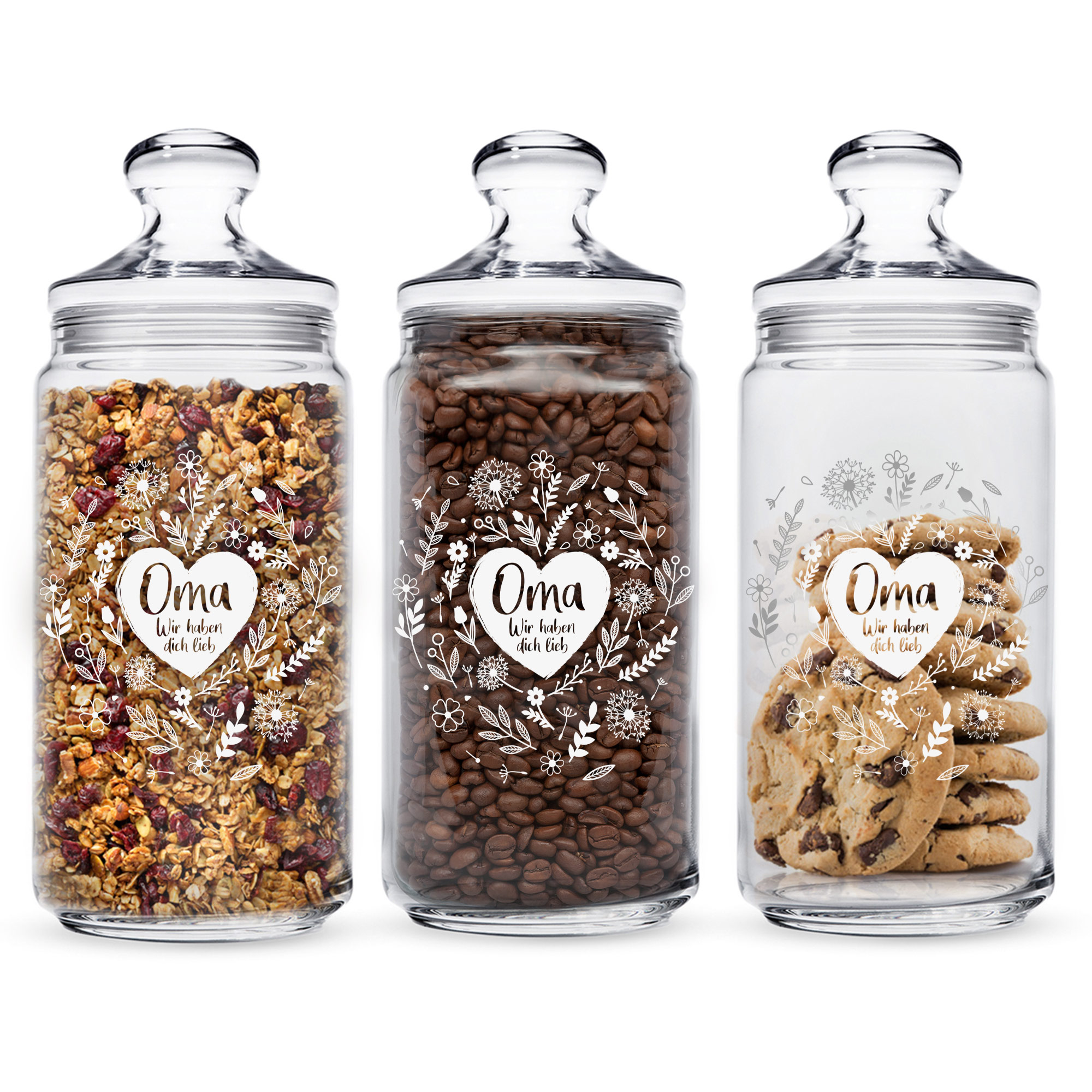 Vorratsglas mit Blumenherz Motiv, Glasbehälter mit Gravur für Oma, Keksdose als Geschenk für Oma, Aufbewahrungsglas mit luftdichtem Deckel