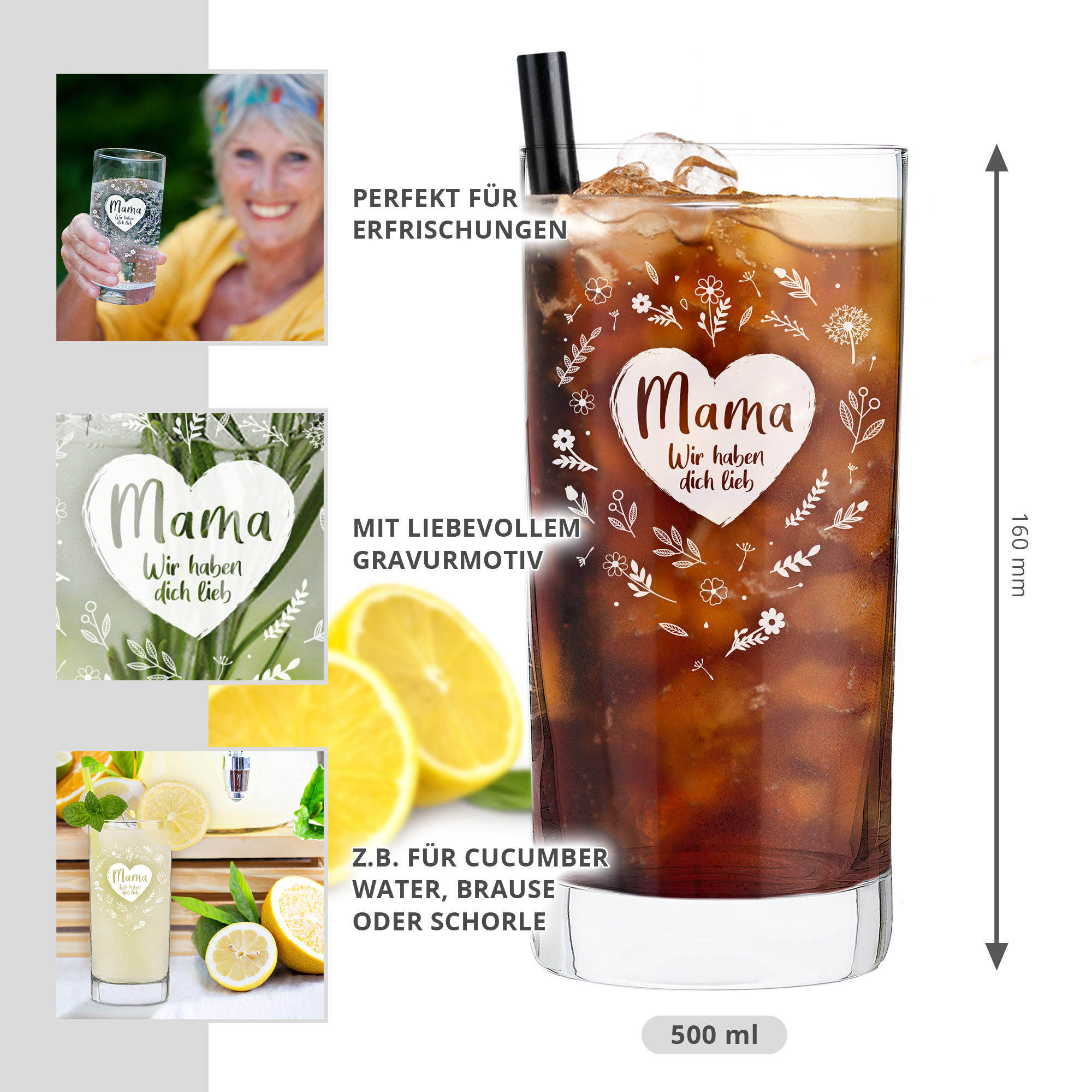 Wasser Glas mit Gravur für Mama, Saftglas mit Blumenherz Motiv, Cocktailglas als Muttertagsgeschenk, Trinkgeschirr als Geschenk zum Muttertag