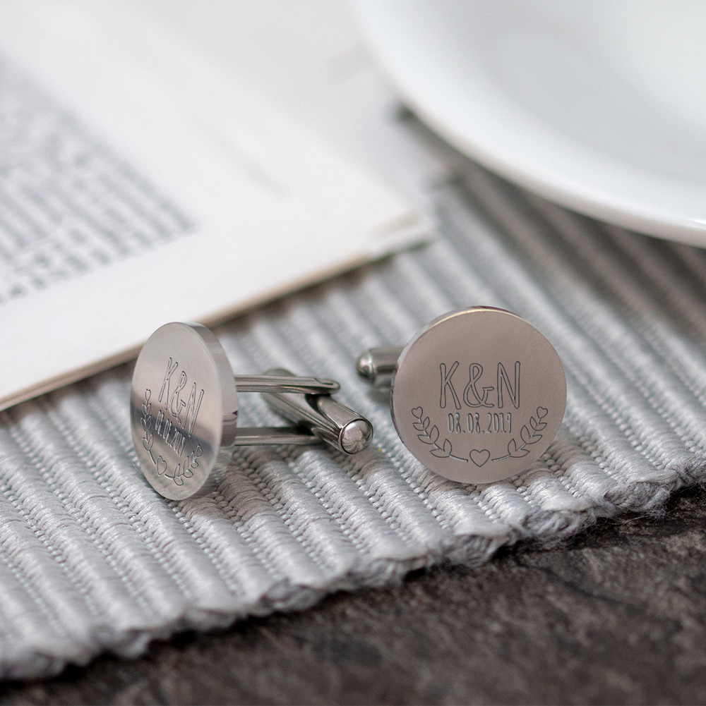 Manschettenknöpfe Silber zur Hochzeit - Blätter - personalisiert