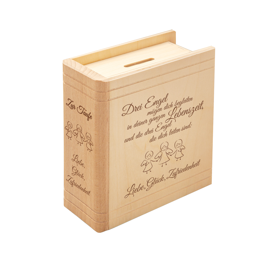 Sparbuch mit Gravur aus Holz zur Taufe - Engel