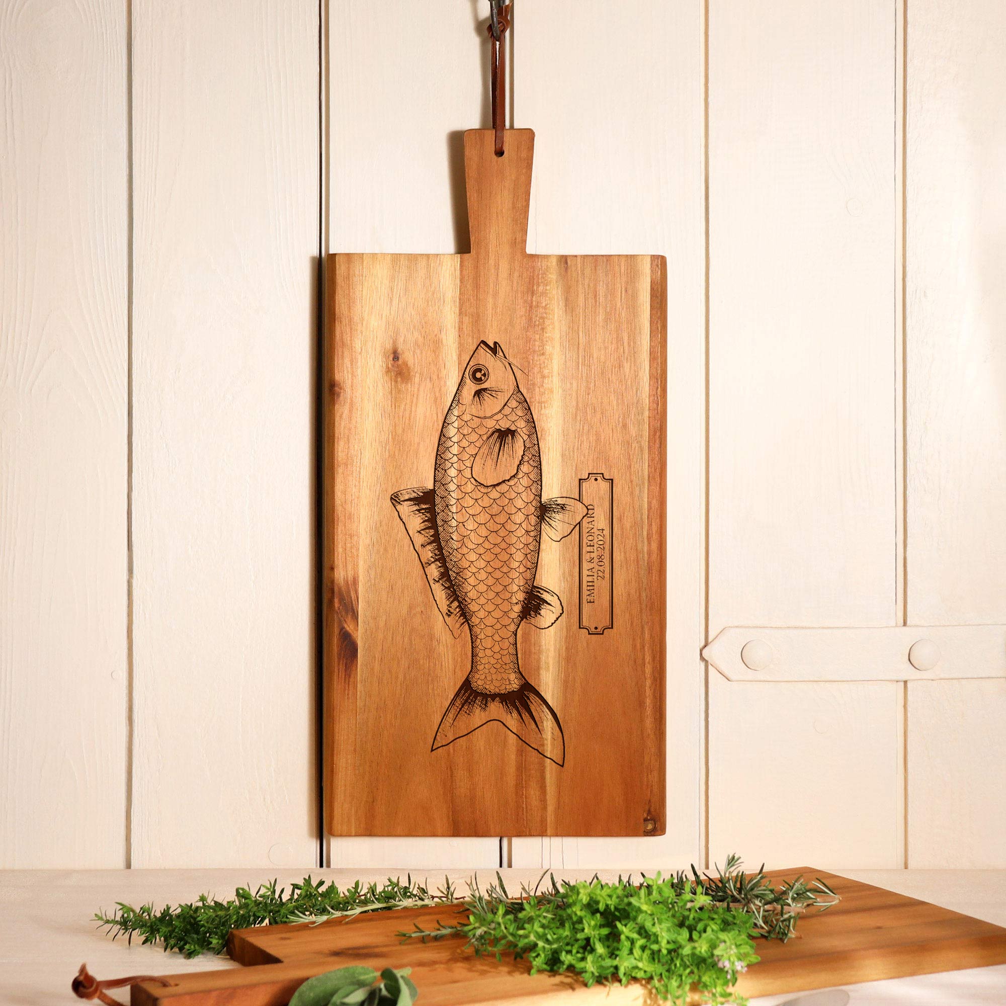 Graviertes Schneidebrett mit Griff - Fisch Gravur