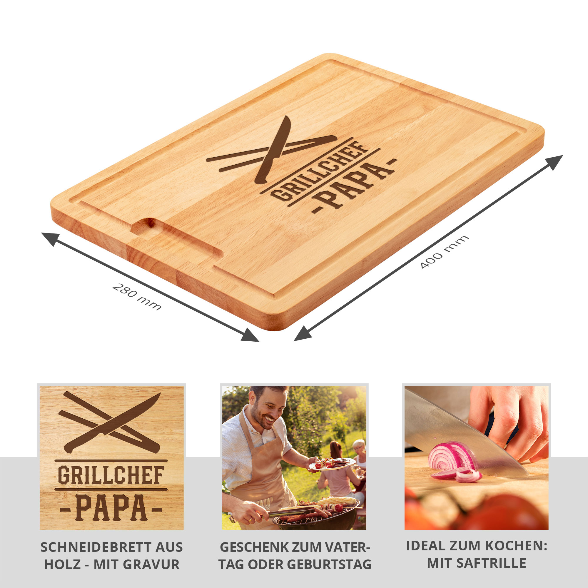 Servierbrett für Papa, Jausenbrett mit Gravur zum Grillen, Steakbrett mit Saftrille, Grillbrett mit Gravur Motiv, Küchenbrett aus Holz