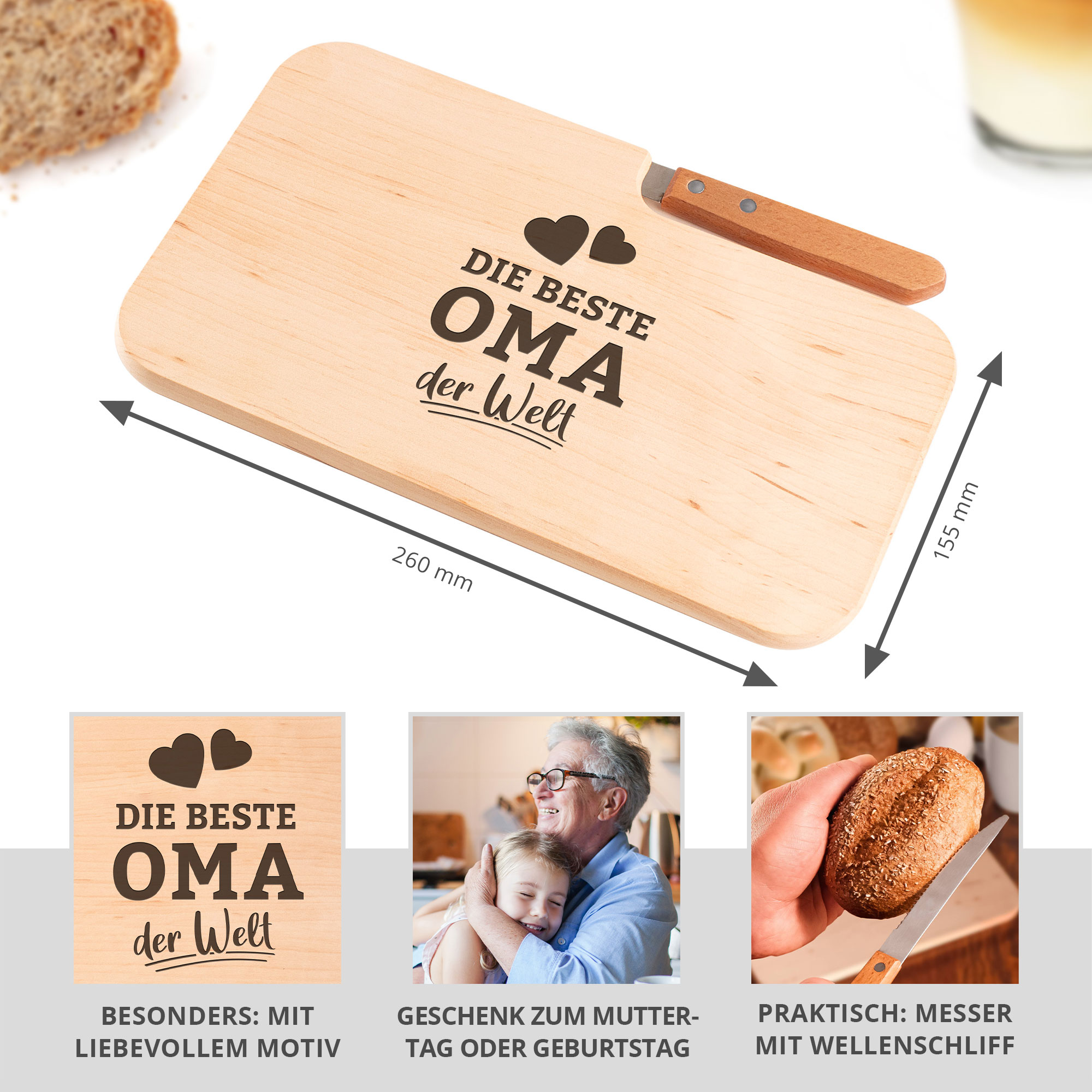 Holz Schneideblock mit Gravur, Servierbrett mit integriertem Messer, Holzbrett für die Küche, Küchenbrett als Geschenk für Oma