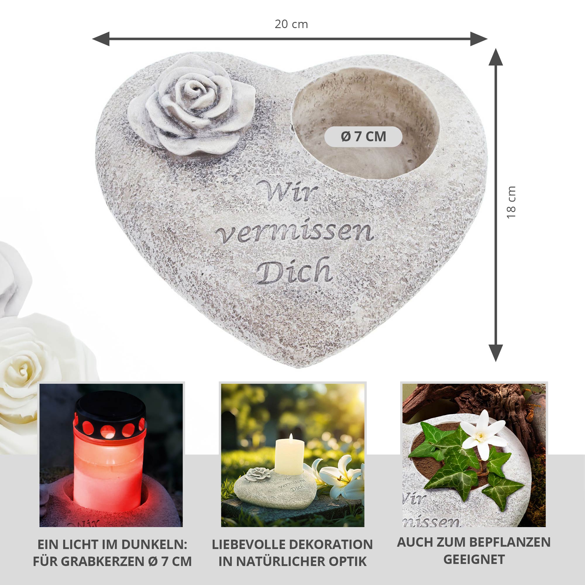 Grabschmuck Trauerherz für Grabkerzen - Wir vermissen Dich