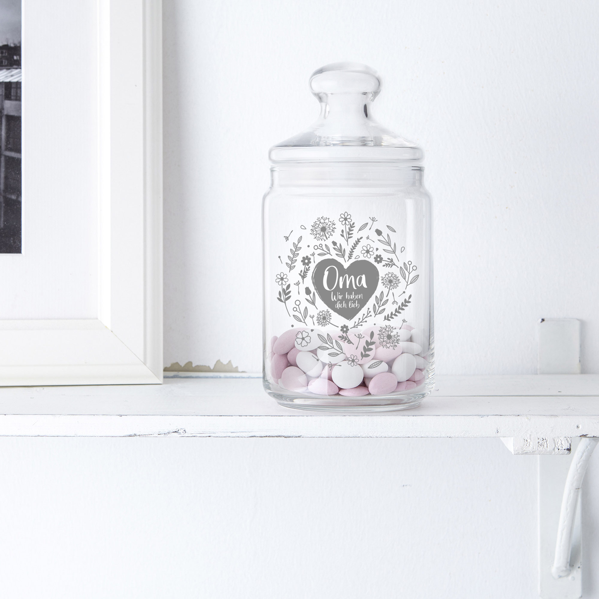 Glas für Bonbons mit Gravur, Bonboniere für Süßigkeiten, Süßigkeiten Glas mit Blumenherz Motiv, Aufbewahrungsglas als Geschenk für Oma