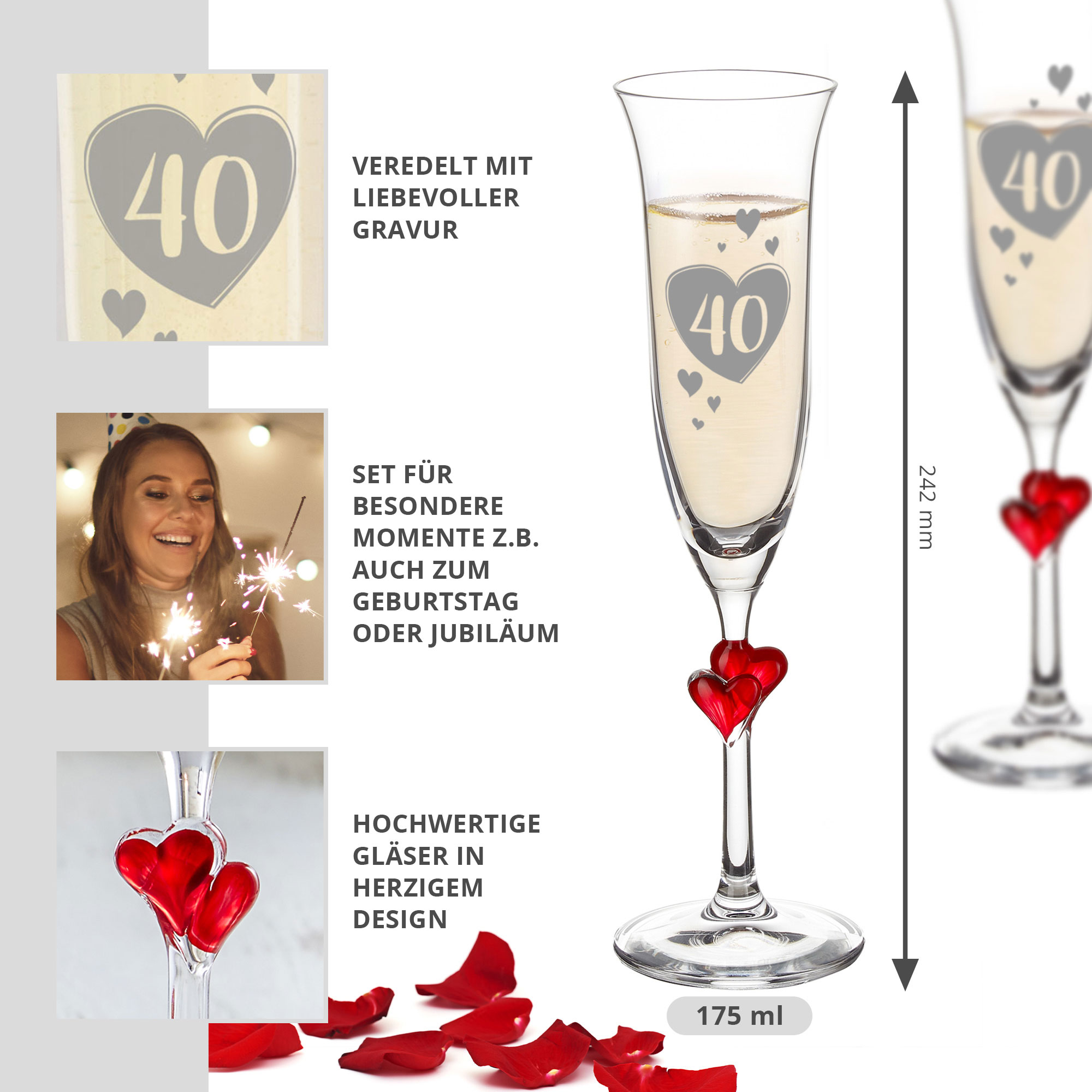 2er Set - Sektglas - Rote Herzen - 18. Geburtstag - Standard