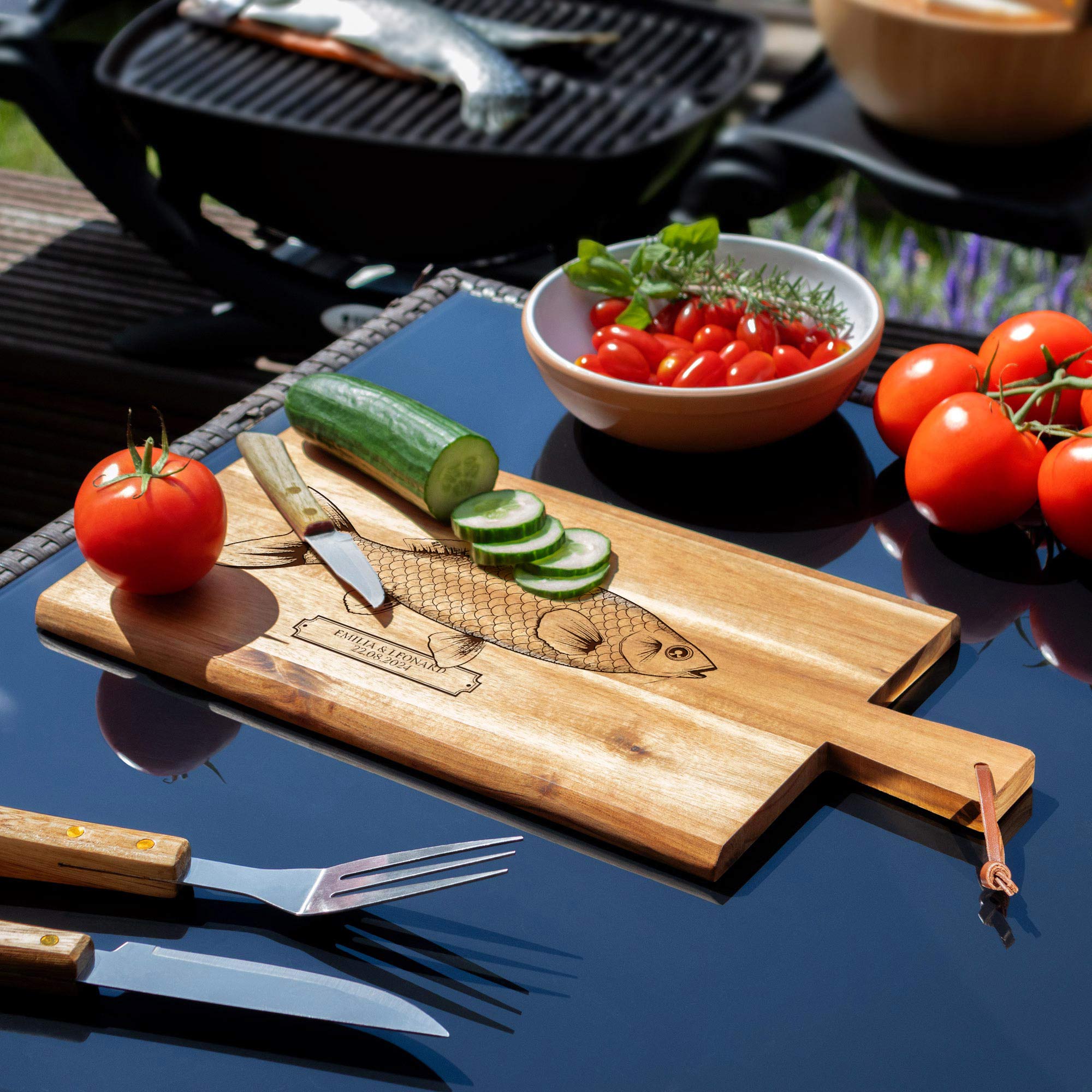 Graviertes Schneidebrett mit Griff - Fisch Gravur