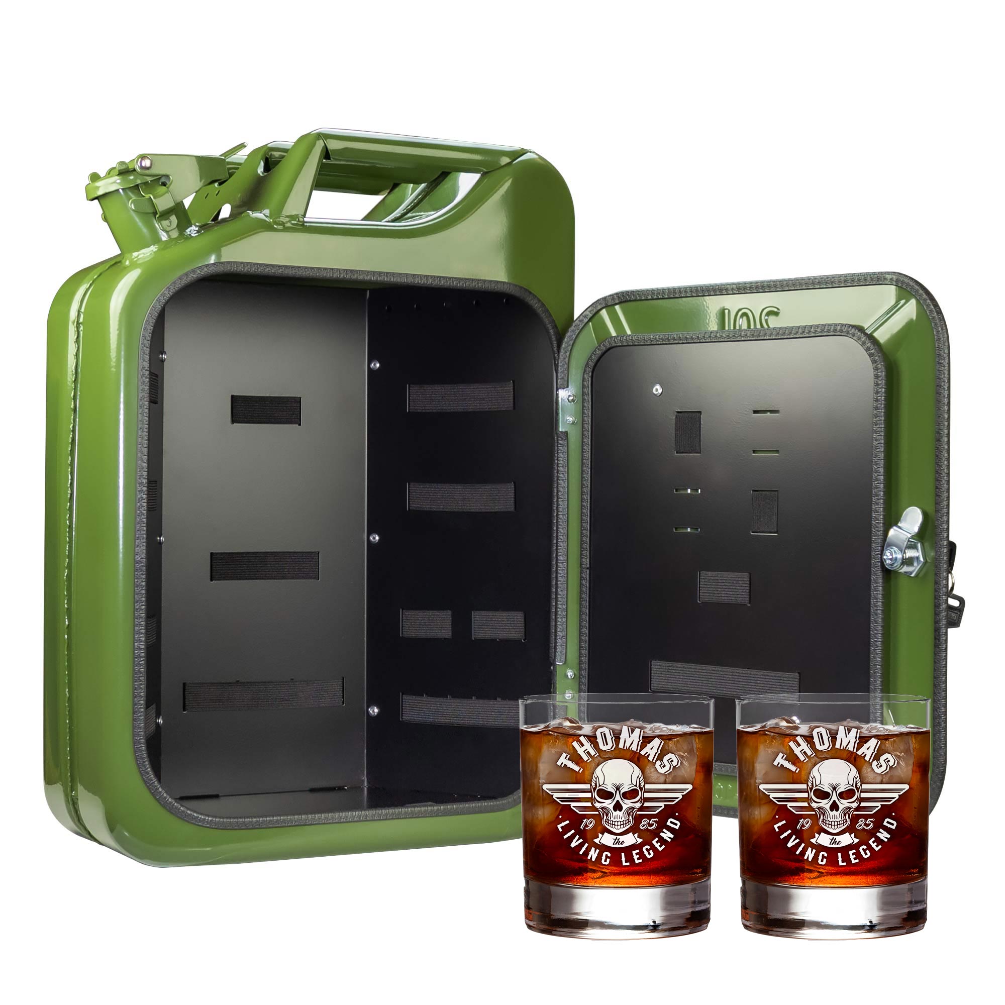 Grüne Kanister Mini Bar mit 2 Whiskygläsern - Totenkopf Gravur