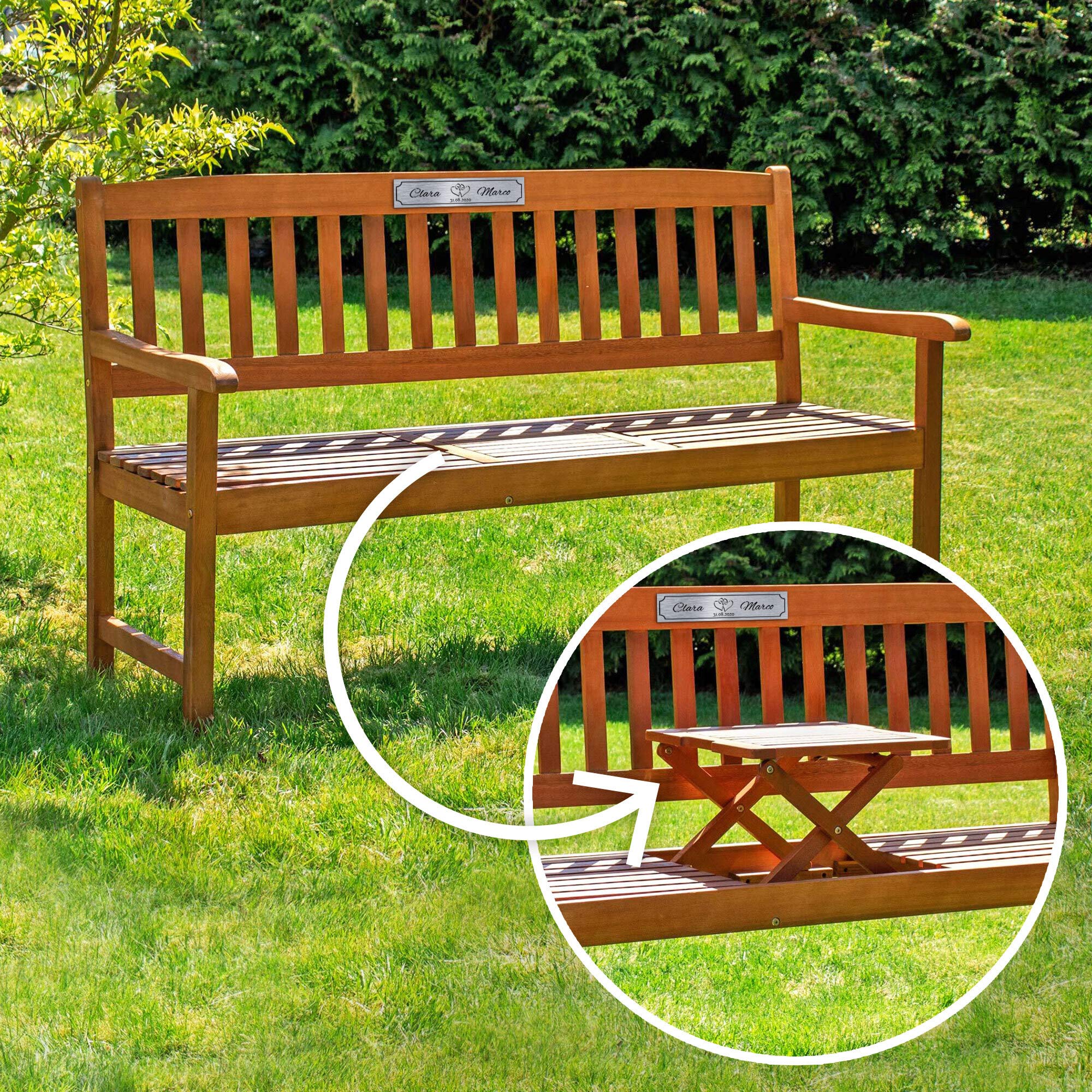 Gartenbank zur Hochzeit mit gravierter silberner Plakette