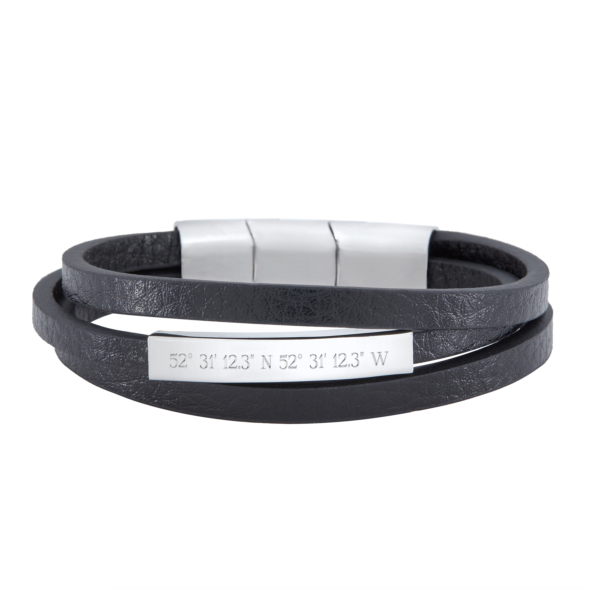 Herrenarmband mit Gravur - schwarzes Lederarmband mit Geokoordinaten