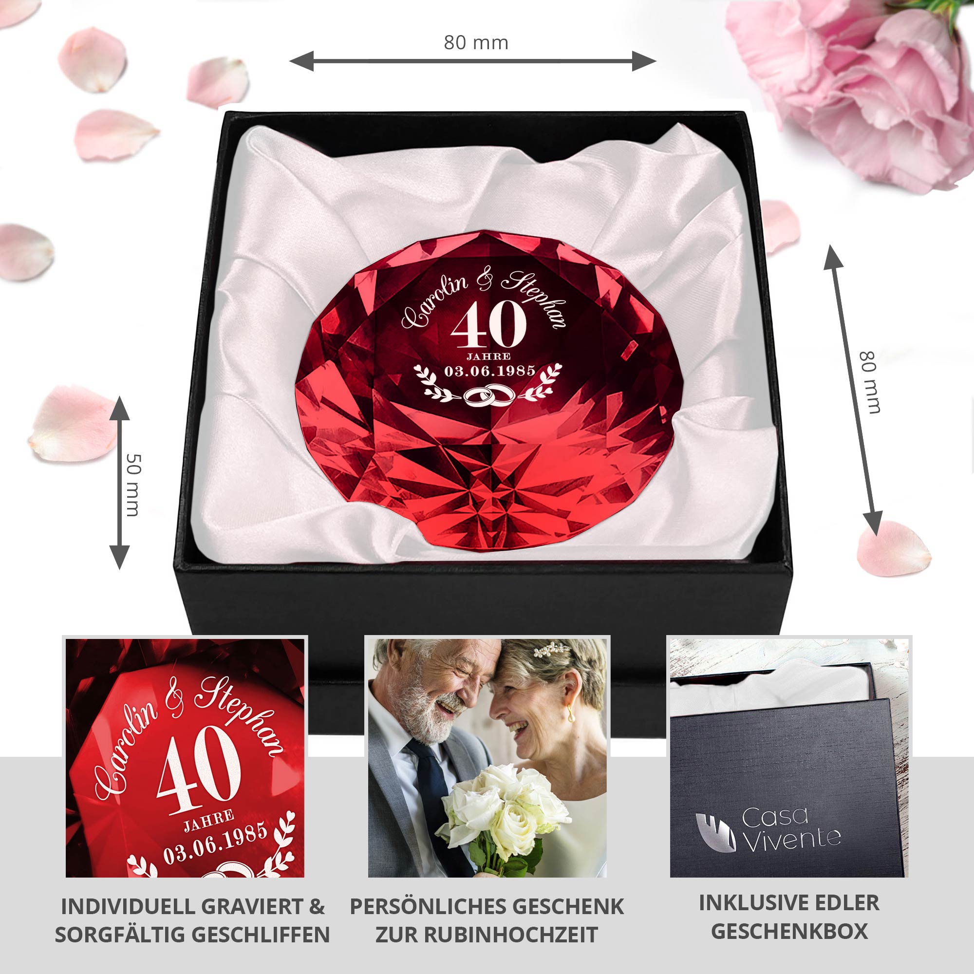 Roter Diamant Kristall mit Gravur - Rubinhochzeit
