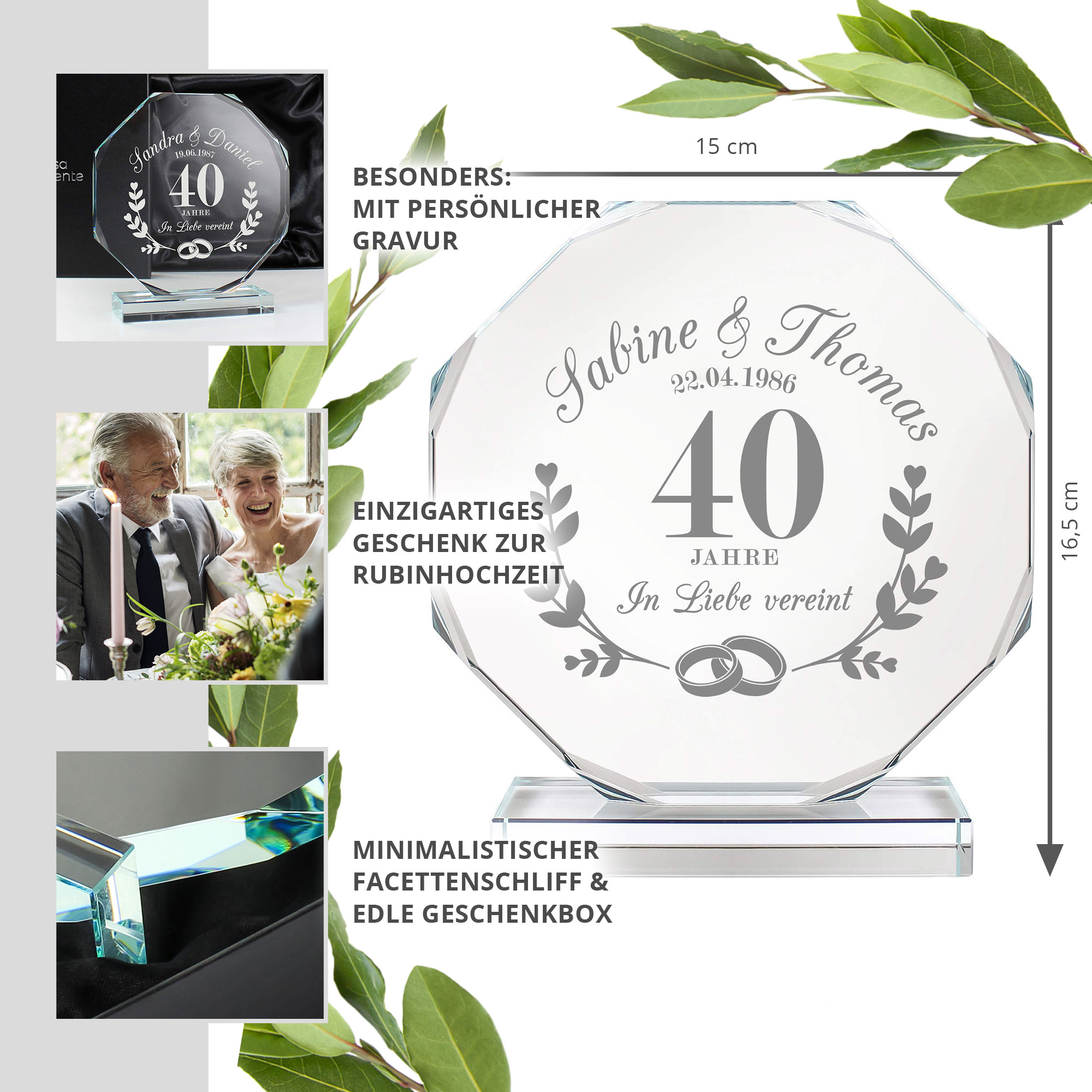 Personalisierter Glaspokal mit Facettenschliff zur Rubinhochzeit