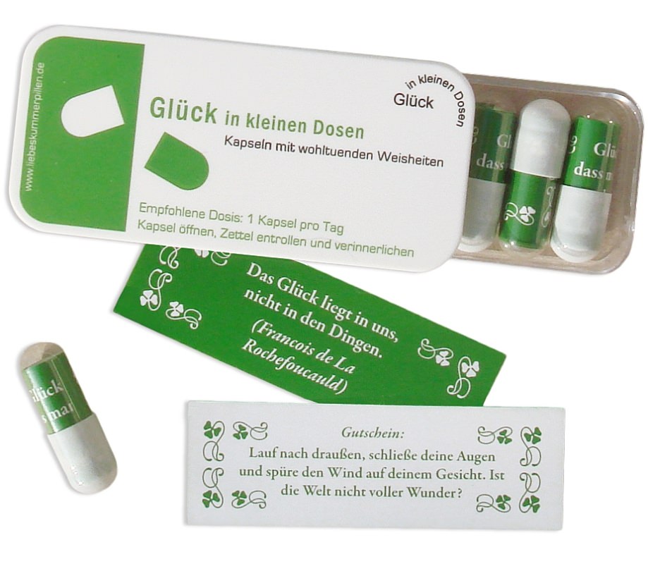 Glück in Kapseln, Glück in kleinen Dosen, Glückspillen, Geschenke für den Partner, Glückskapseln