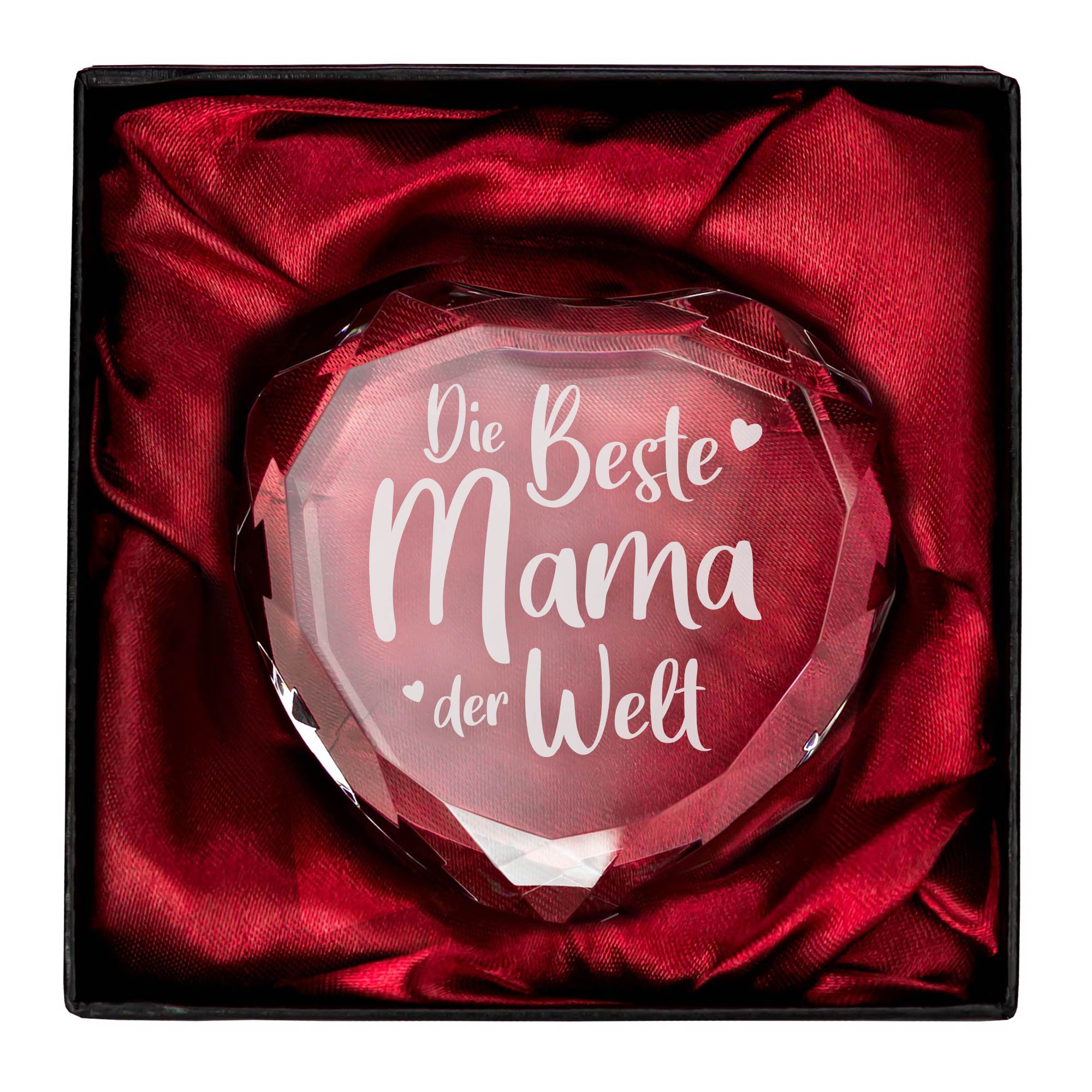 Glasherz als Muttertagsgeschenk, Diamant Dekoration mit graviertem Schriftzug, Glas Kristall für Mama, Glasherz als Tischdeko und Briefbeschwerer