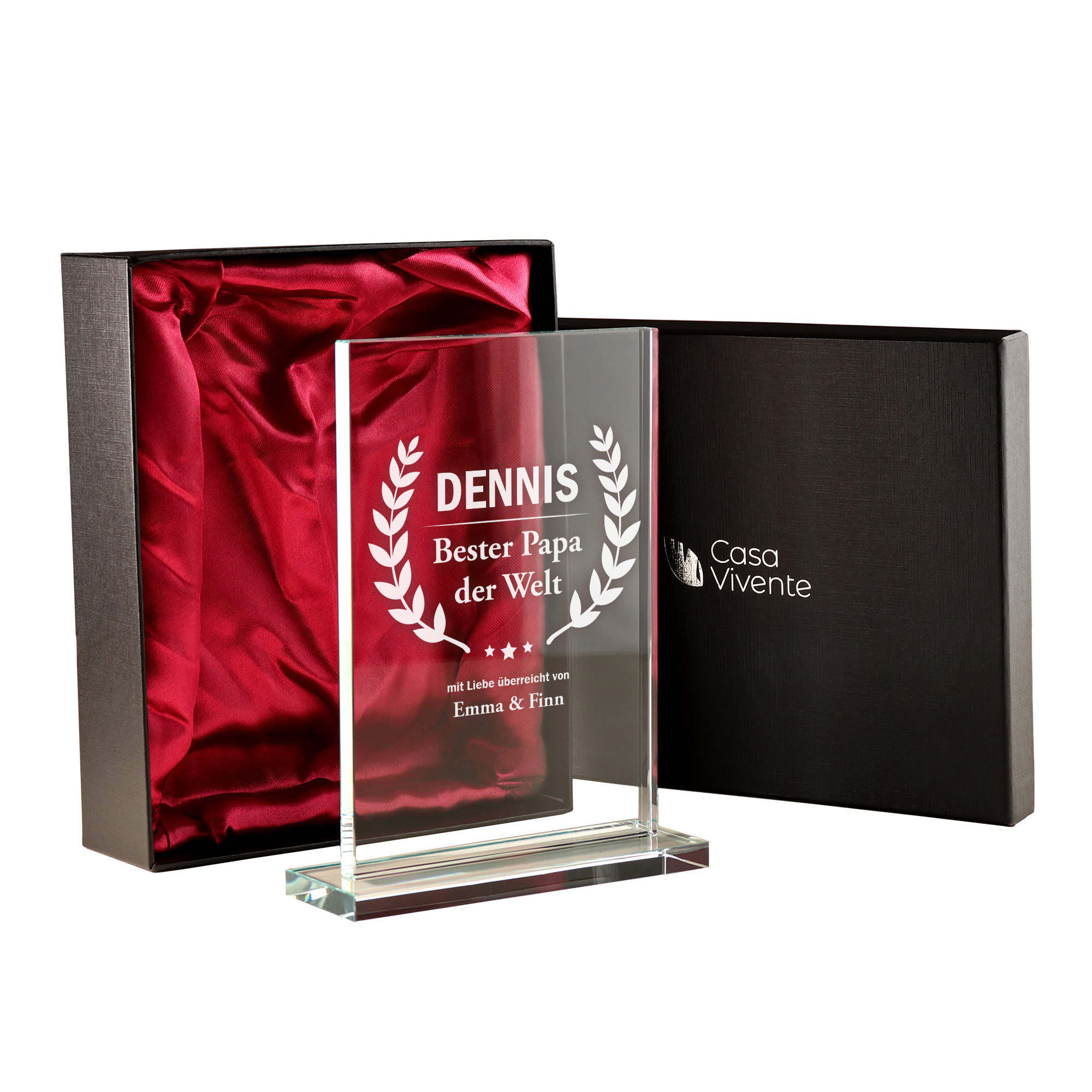 Gravierte Glasdeko als Geschenk zum Vatertag, Pokal aus Glas mit Namensgravur für Papa, Personalisierter Glaspokal als Auszeichnung für deinen Vater