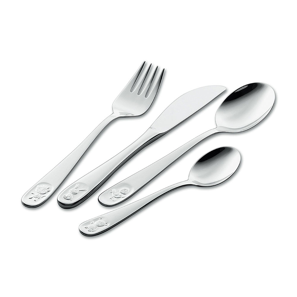 Kinderbesteck Tiere, 4er Set, ab 3 Jahren, Edelstahl, spülmaschinenfest, ergonomisch geformt, eingestanzte Tiermotive, Besteckset
