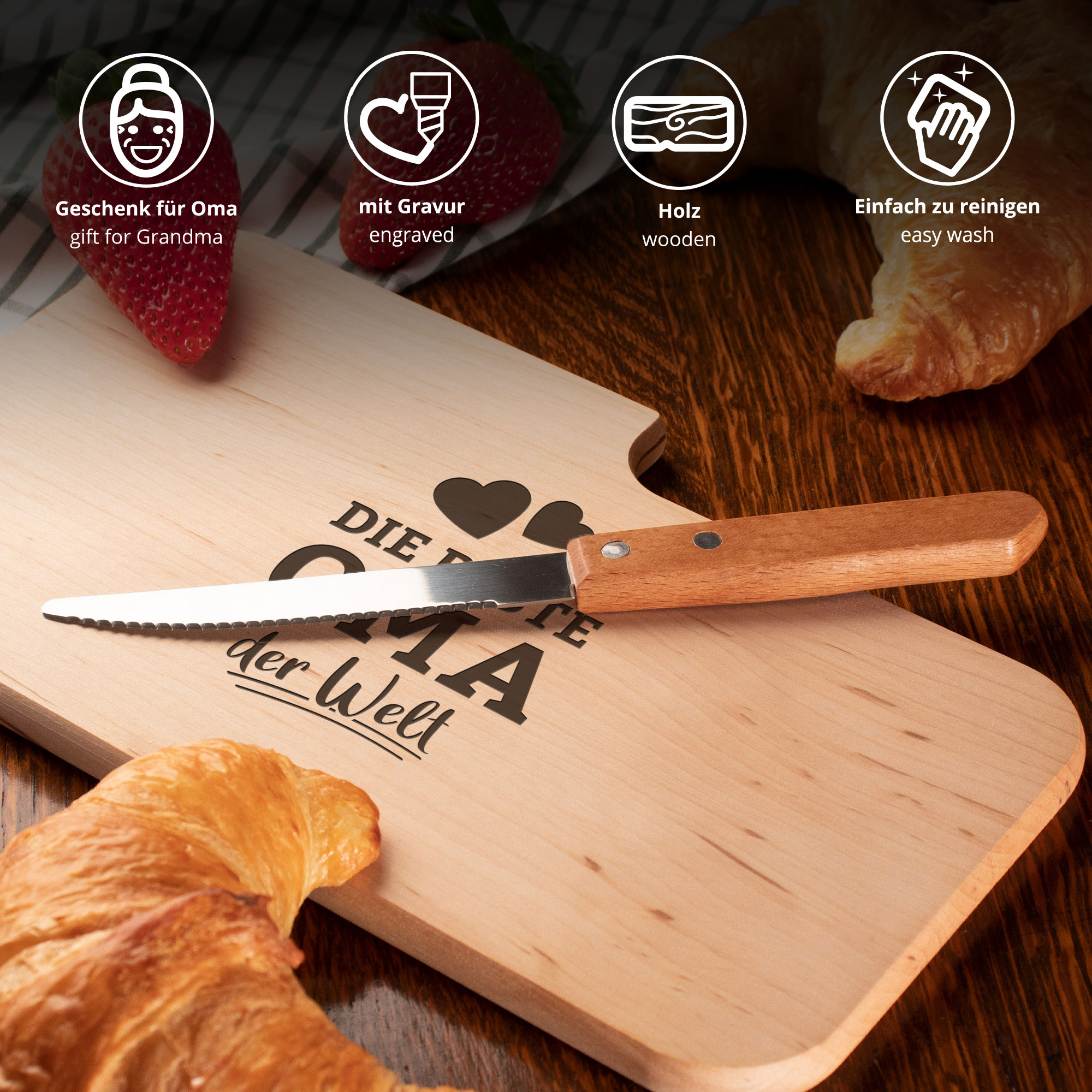 Holz Schneideblock mit Gravur, Servierbrett mit integriertem Messer, Holzbrett für die Küche, Küchenbrett als Geschenk für Oma