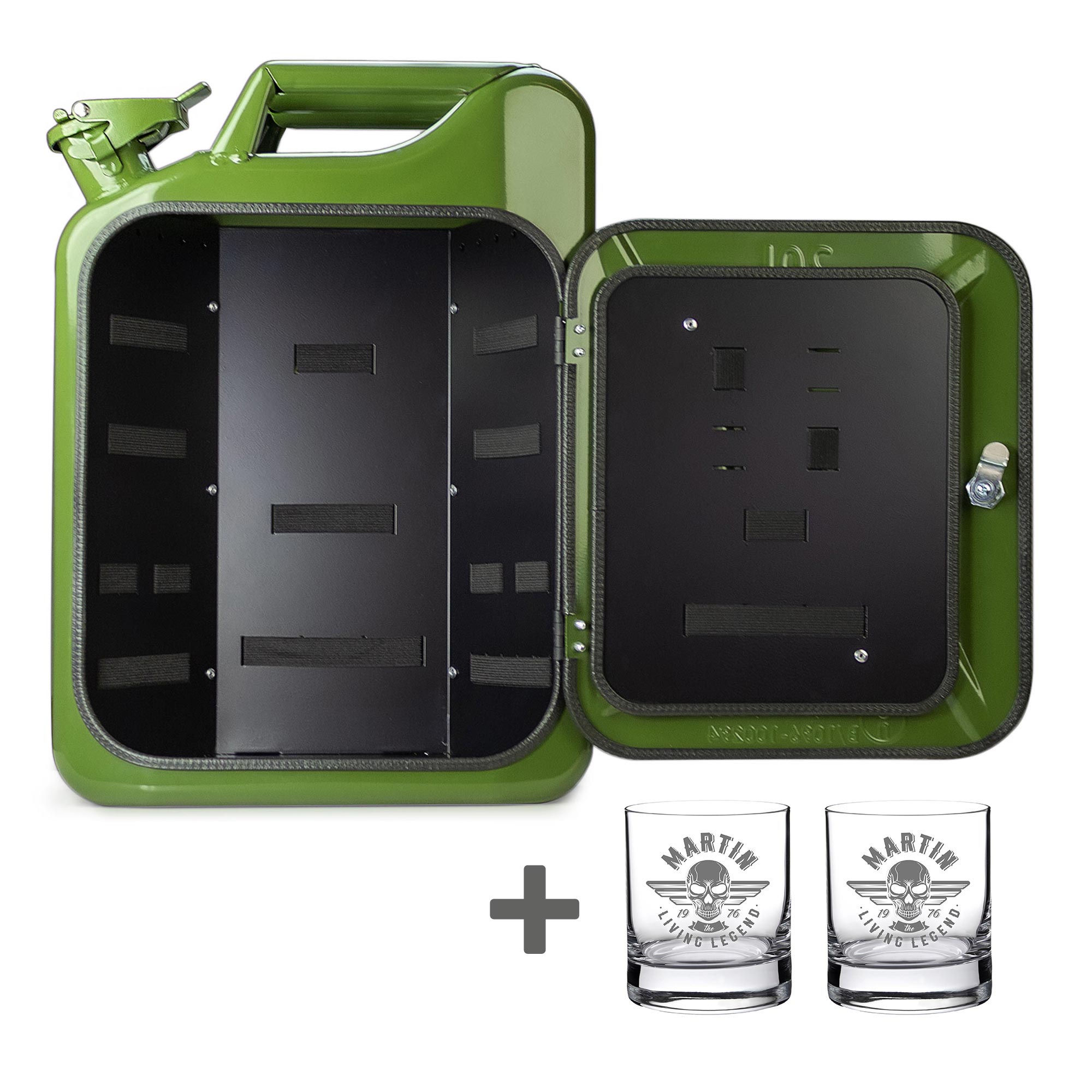 Grüne Kanister Mini Bar mit 2 Whiskygläsern - Totenkopf Gravur