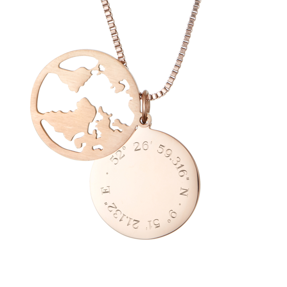 Kette mit Anhänger Welt - Geokoordinaten - Roségold