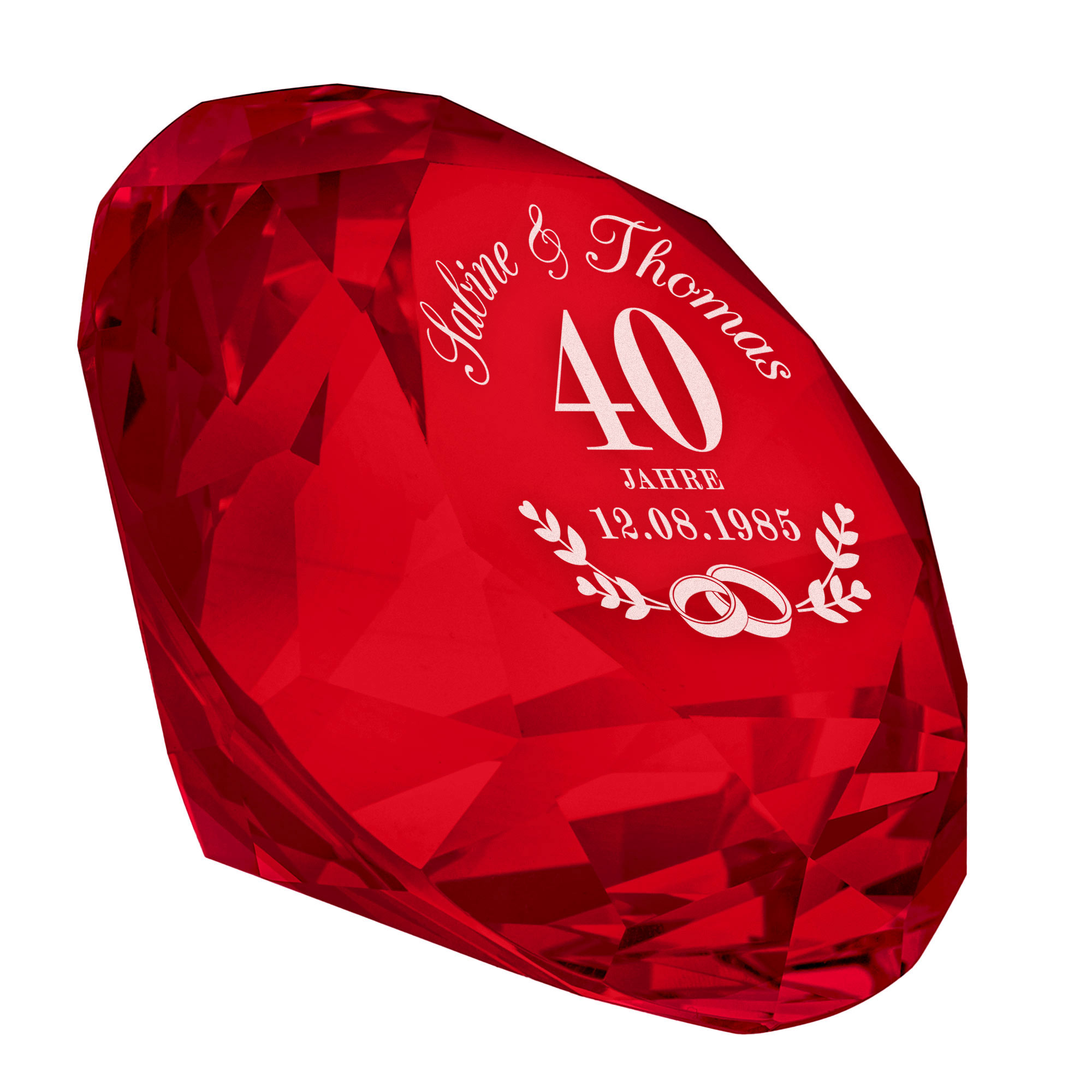 Roter Diamant Kristall mit Gravur - Rubinhochzeit