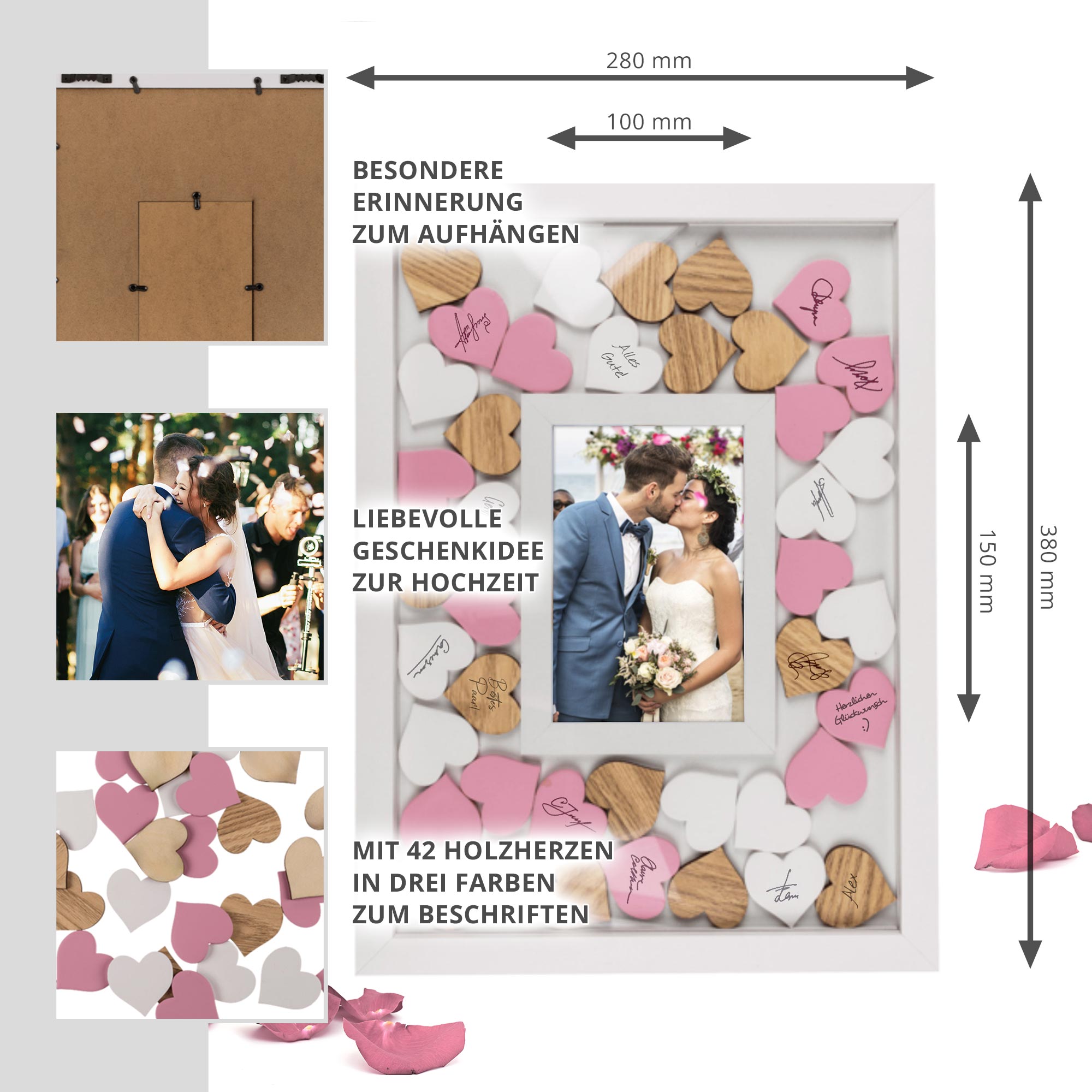 Fotorahmen Gästebuch zur Hochzeit mit Holzherzen