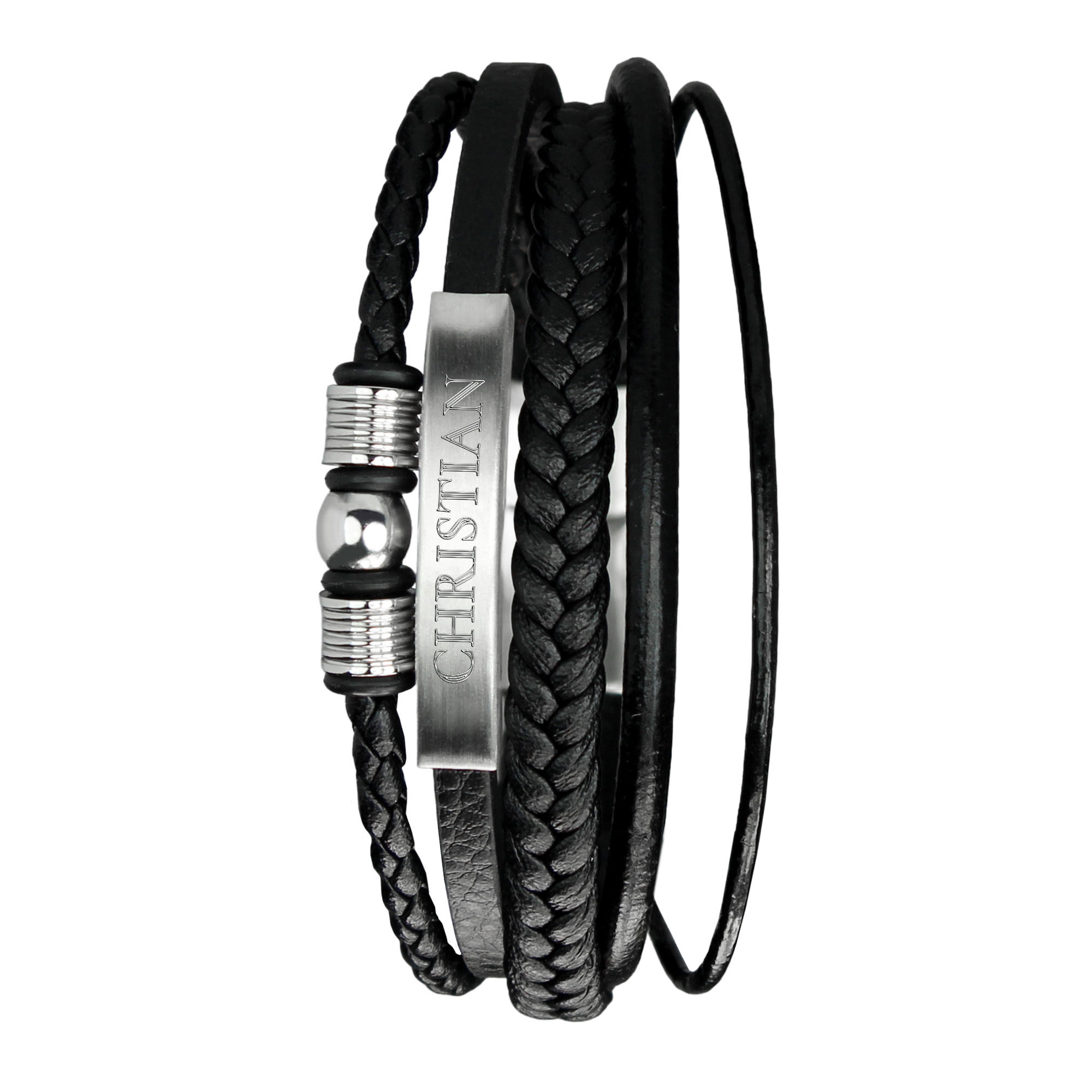 Geflochtenes Lederarmband mit Beads Silber - mit Gravur