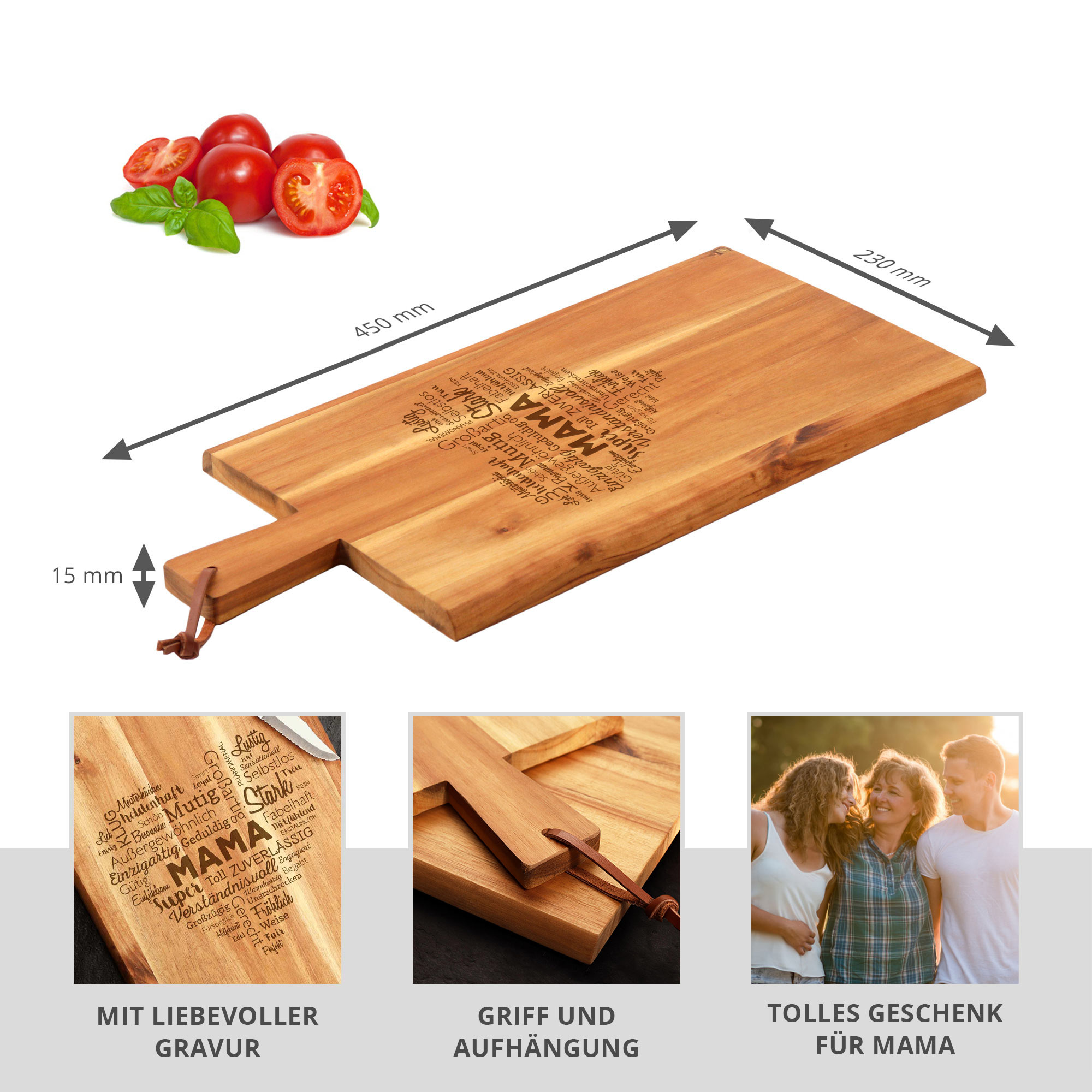 Frühstücksbrettchen mit Gravur, Küchenbrett als Muttertagsgeschenk, Graviertes Schneidebrettchen für Mama, Brettchen Küchenzubehör zum Muttertag