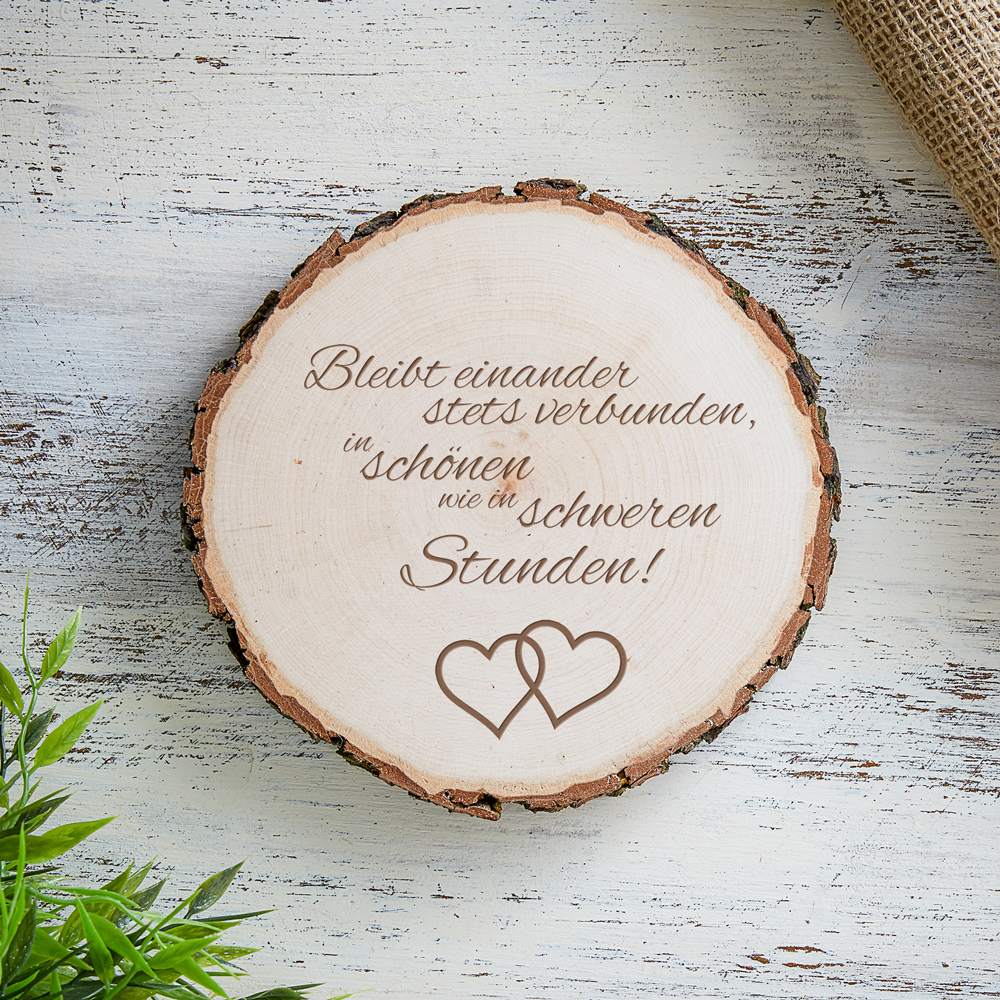 Baumscheibe mit Spruch zur Hochzeit, Baumscheibe mit Gravur, Hochzeitsgeschenke, Geschenke für junge Erwachsene, Geschenkidee zur Hochzeit