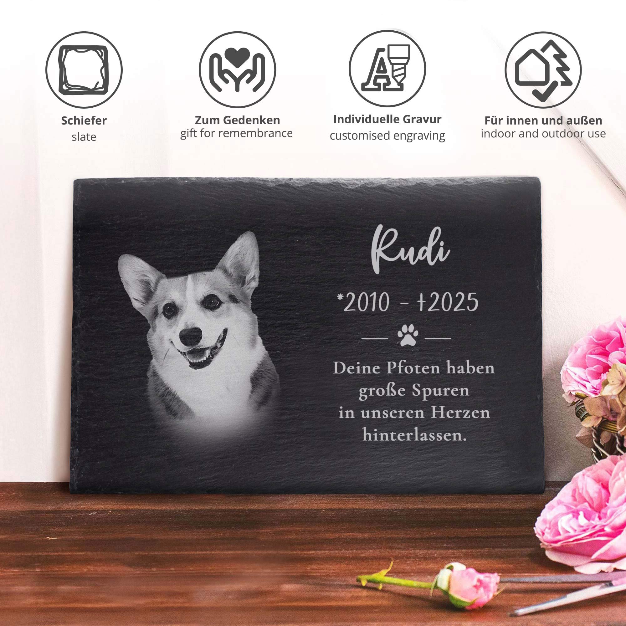 Grabplatte zur Trauer Hund & Katze - Schiefer Gedenktafel mit Foto