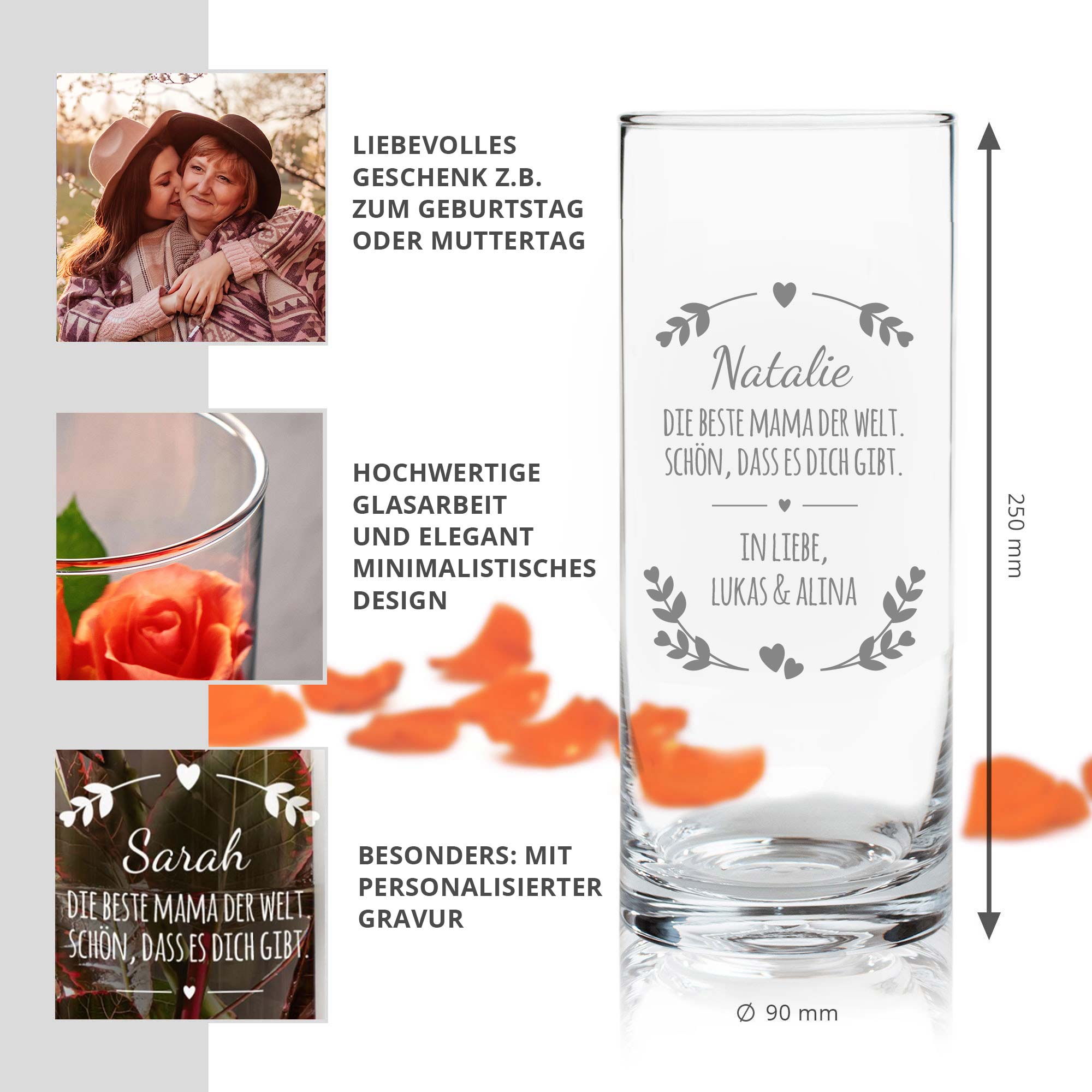 Runde Vase mit Gravur - personalisiert für die Beste Mama