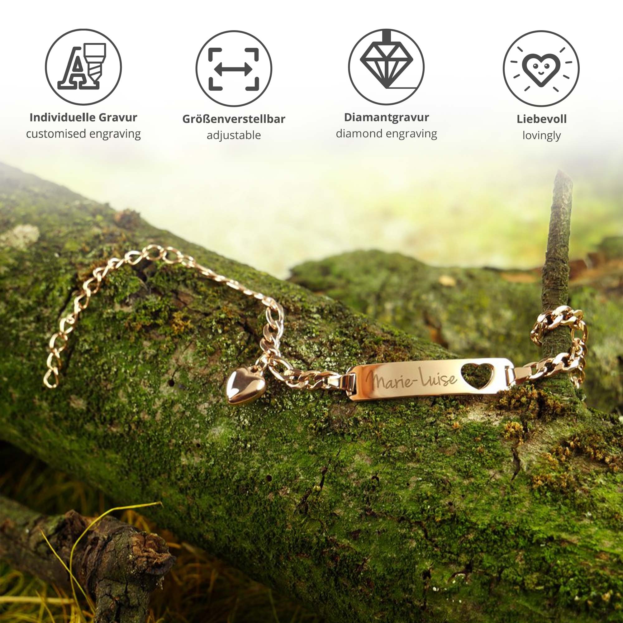 Roségold Armband mit Herzstanze - Name Gravur