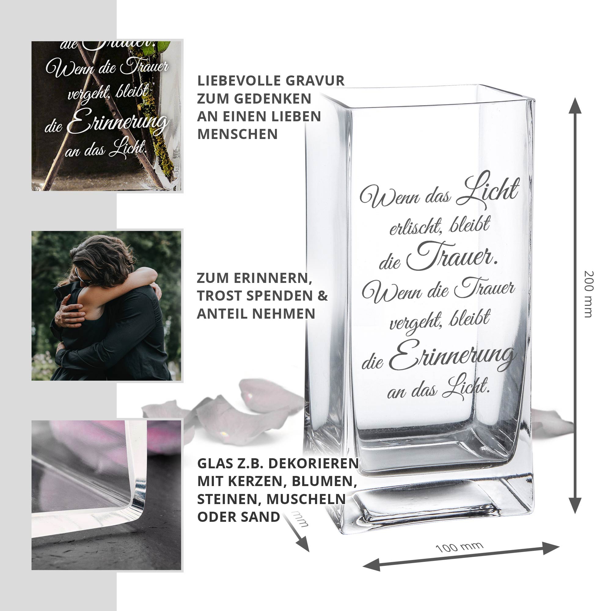Eckige Vase mit Gravur - Trauerspruch