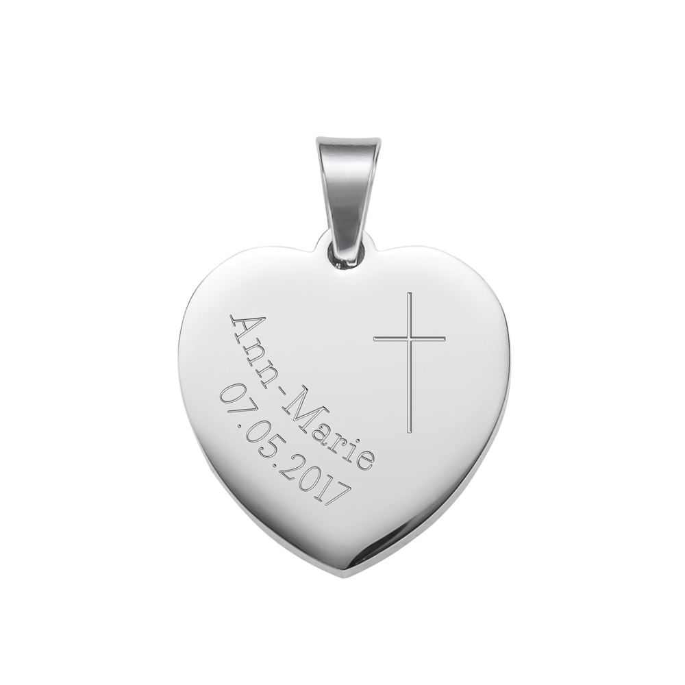 Kette mit Herz-Anhänger - Kreuzkette mit Gravur Kreuz und Datum - Silber