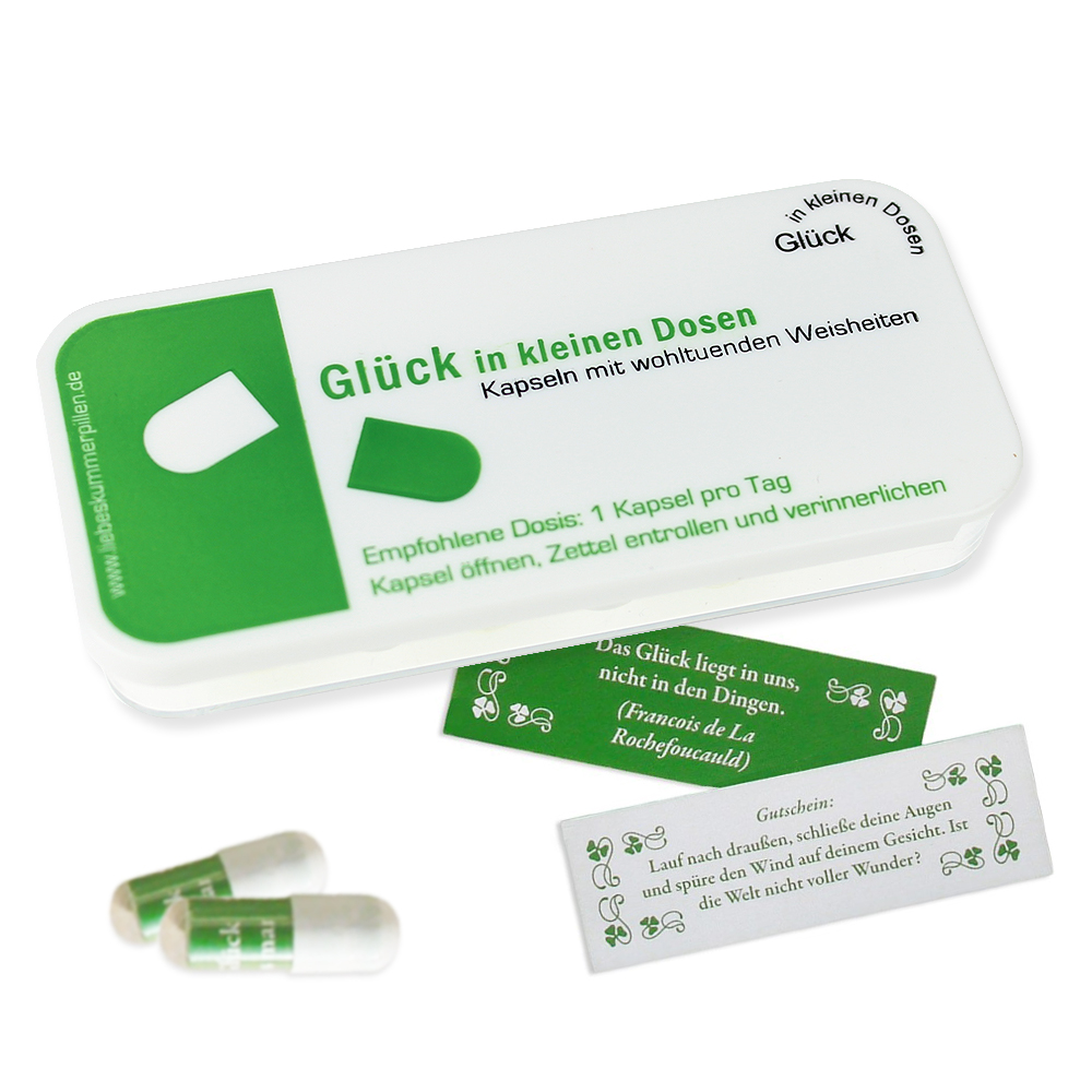Glück in Kapseln, Glück in kleinen Dosen, Glückspillen, Geschenke für den Partner, Glückskapseln