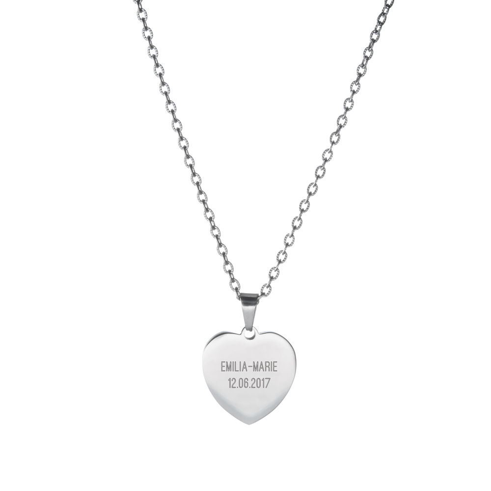 Kette mit Herz-Anhänger mit Gravur - Motiv Kreuz mit Namen und Datum - Silber