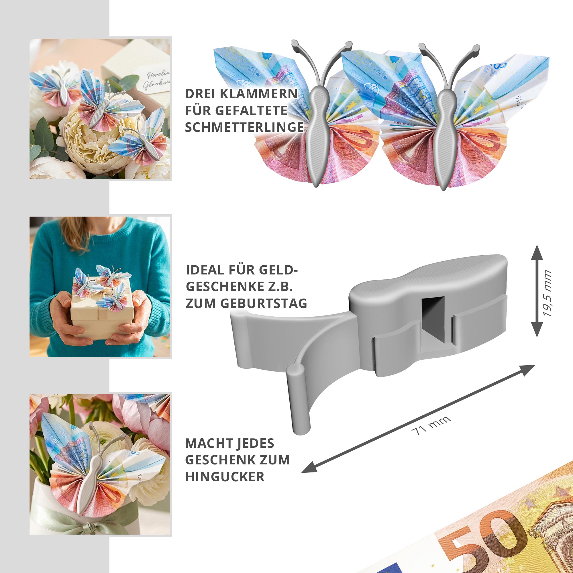 Geldgeschenk Schmetterling - 3er Set Geschenkverpackung für Geld in Silber