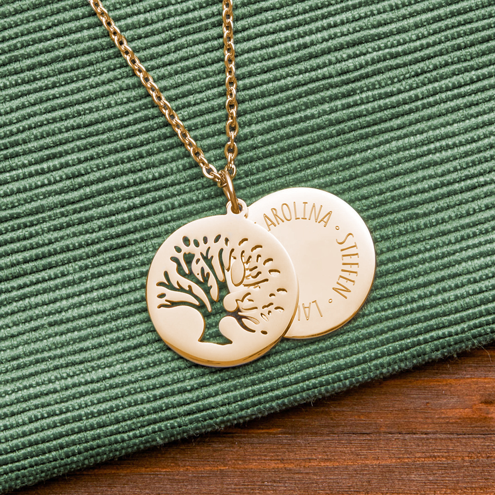 Kette mit Anhänger Lebensbaum - Kreis aus Namen - Gold